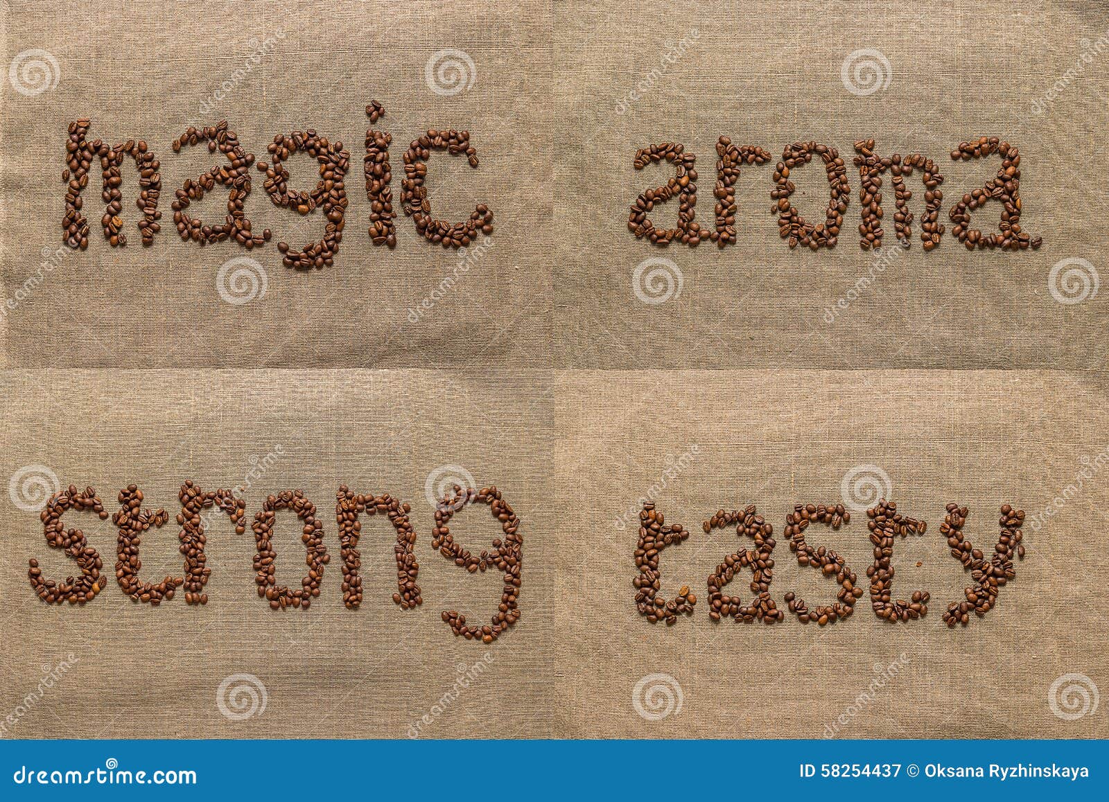 Set of Words Â«aromaÂ», Â«strongÂ», Â«tastyÂ», Â«magicÂ» of Coff Stock