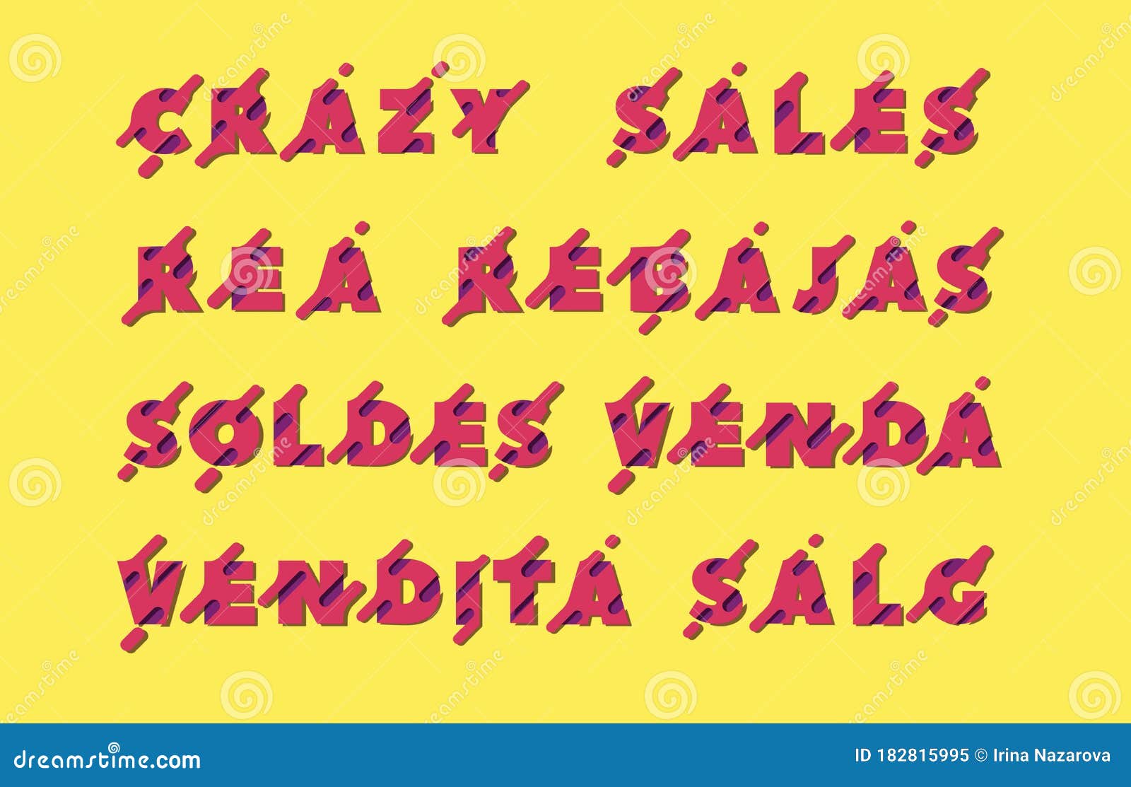 a set of words `sales`, `rea`, `rebajas`, `soldes`, `venda`, `vendita`, `salg` in the original font in the paper cut style for ads
