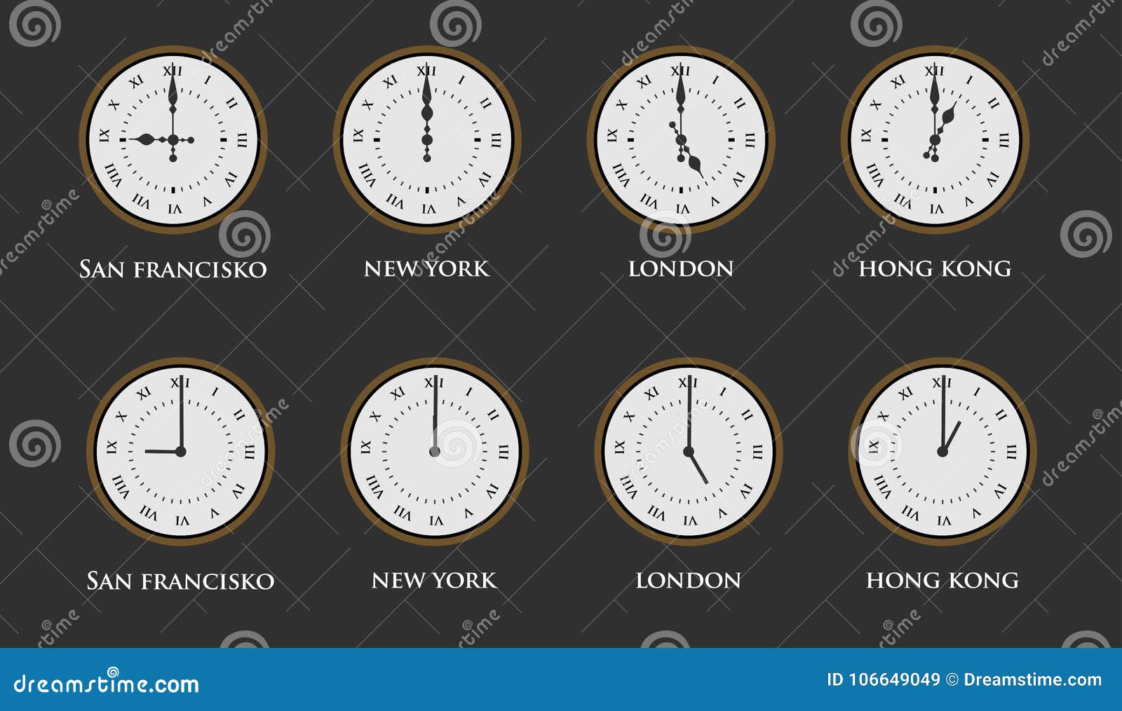 Set of World Time Zone Clock with Roman Numerals. Vector Illustration
