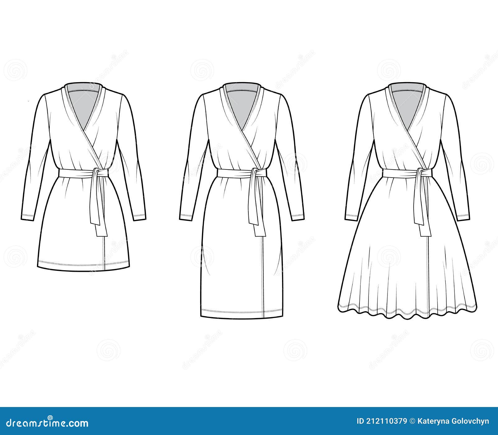 Set of Wrap Dress Technical Fashion Illustration with Deep V-neck, Long ...