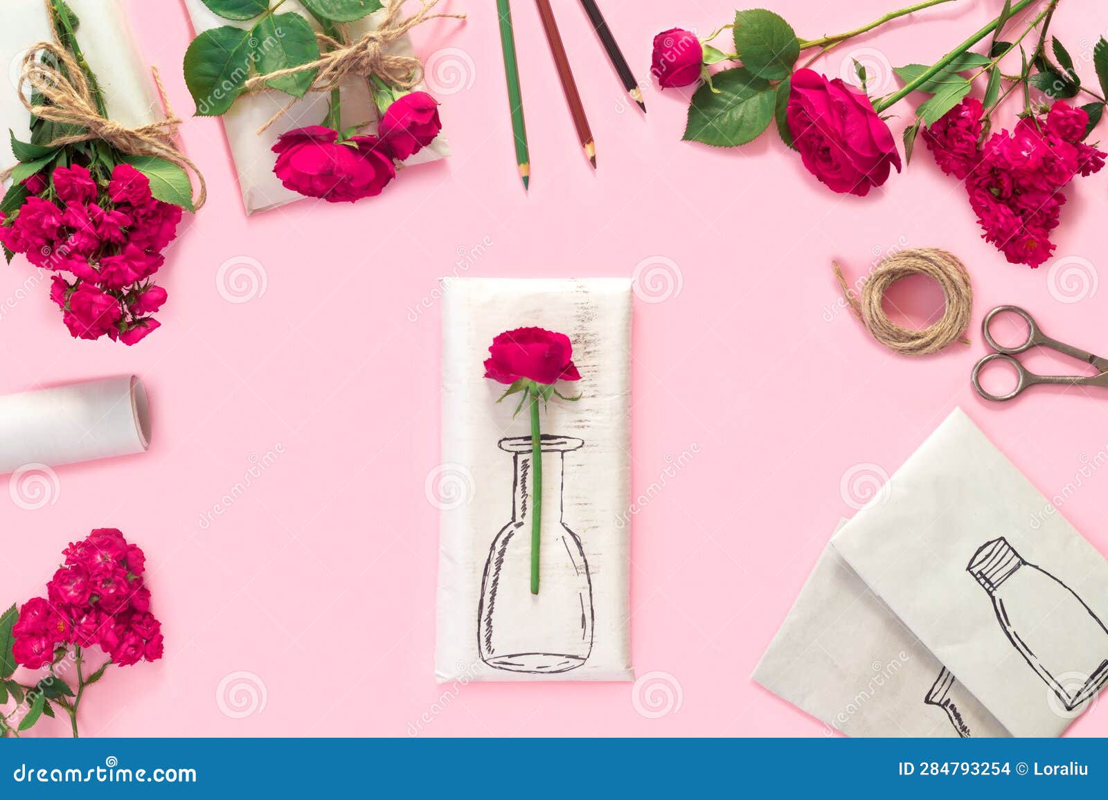 Set of Wrapping Paper and Flowers for Handmade on Pink Background