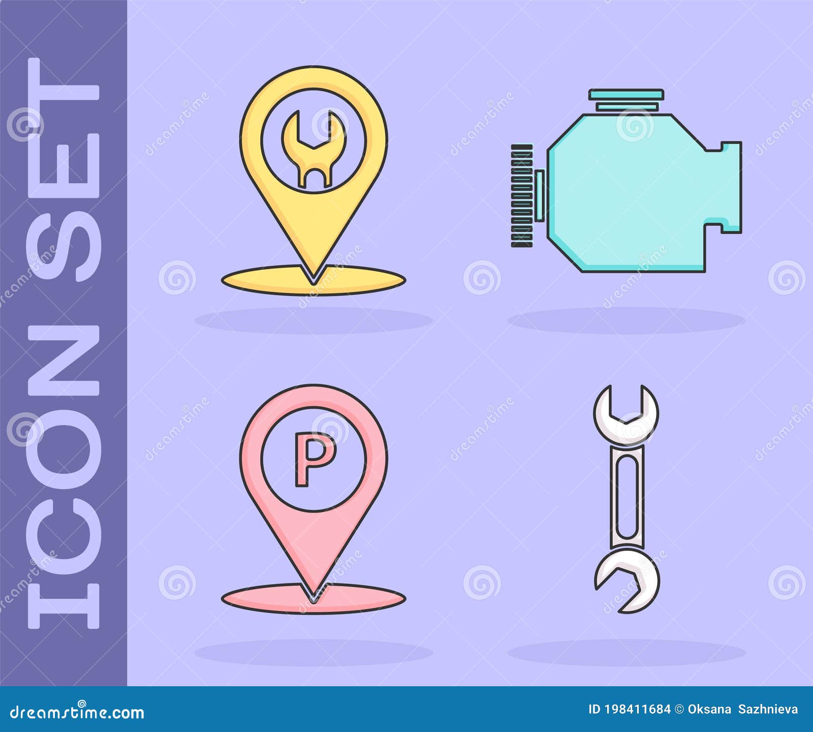 Set Wrench, Car Service, Location with Parking and Check Engine Icon