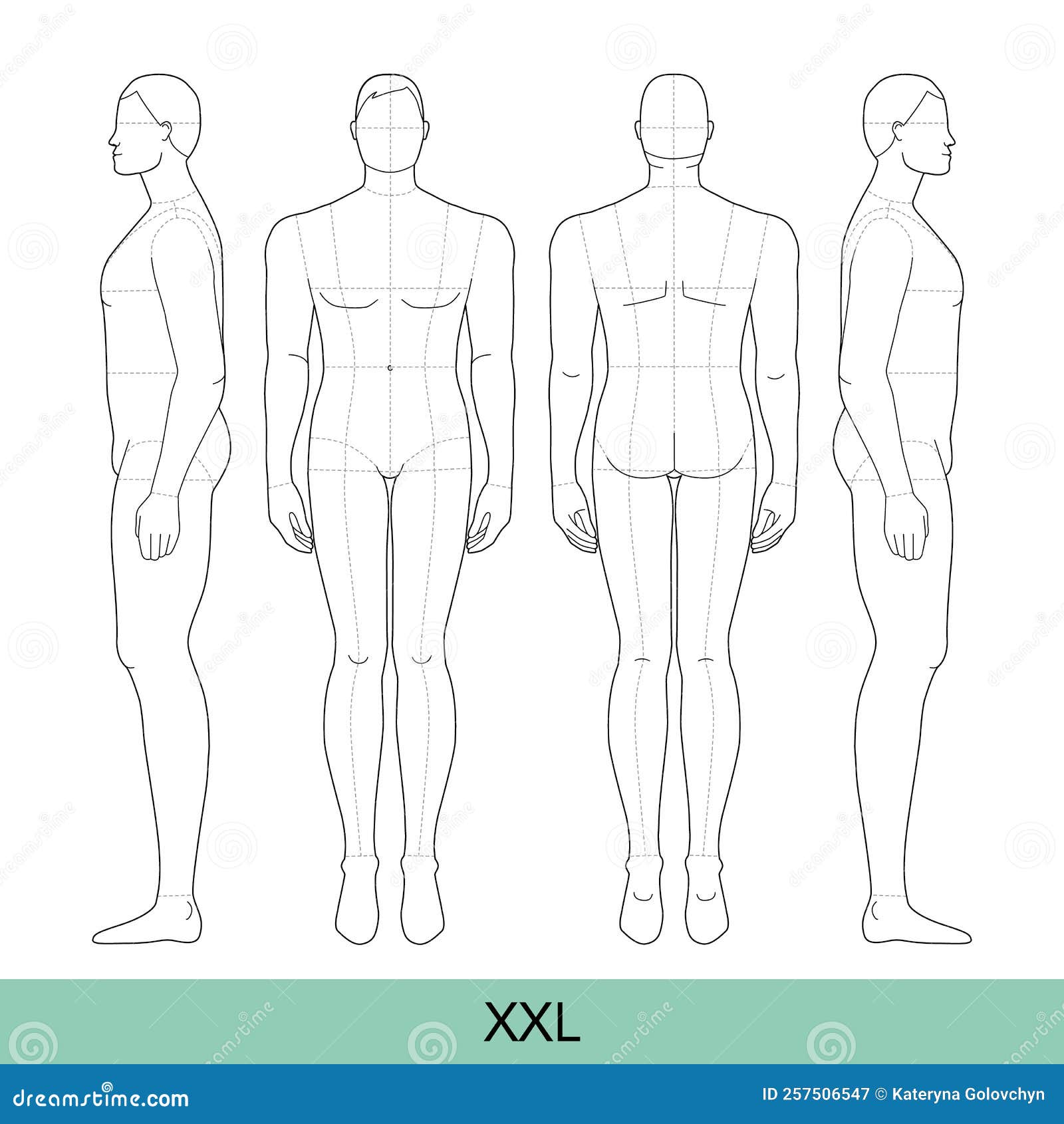 set of xxl size men fashion template 9 nine head size with main line croquis extra large plus size figure front, side