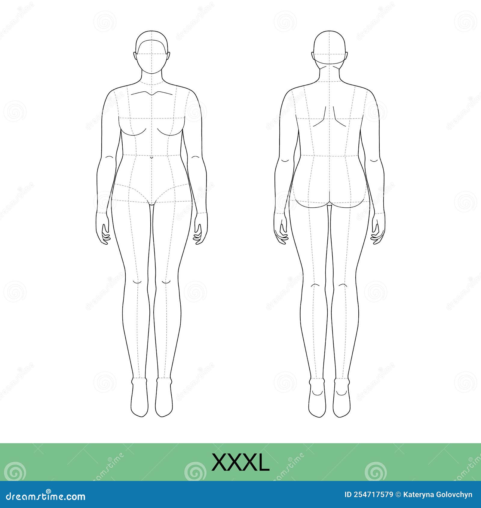 set of xxxl women fashion template 9 nine head size croquis over size lady model curvy body figure front, back view.