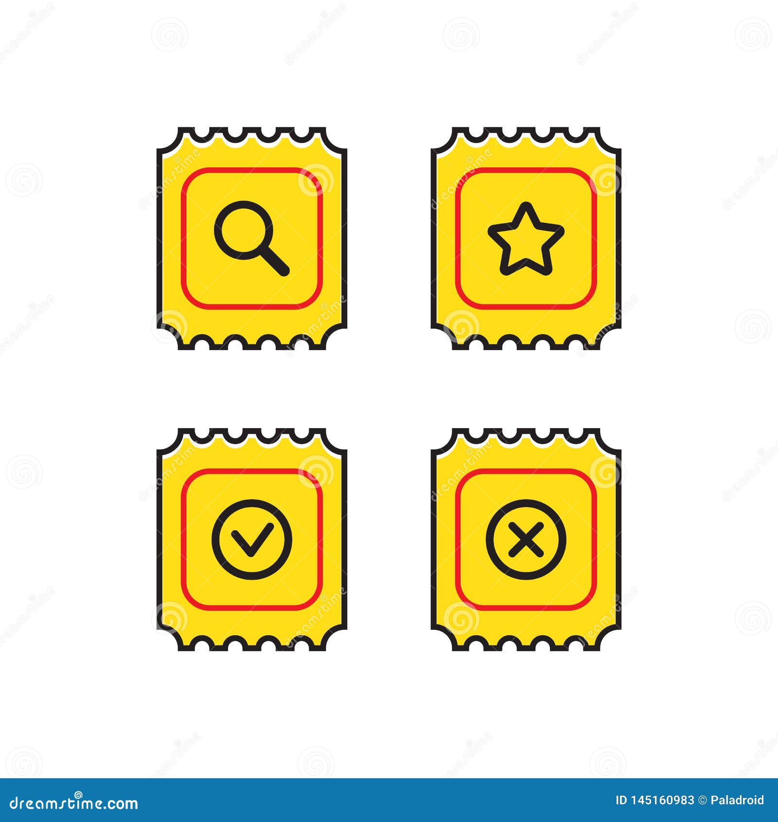 Set of Yellow Icons on the Sale of Tickets Stock Vector Illustration