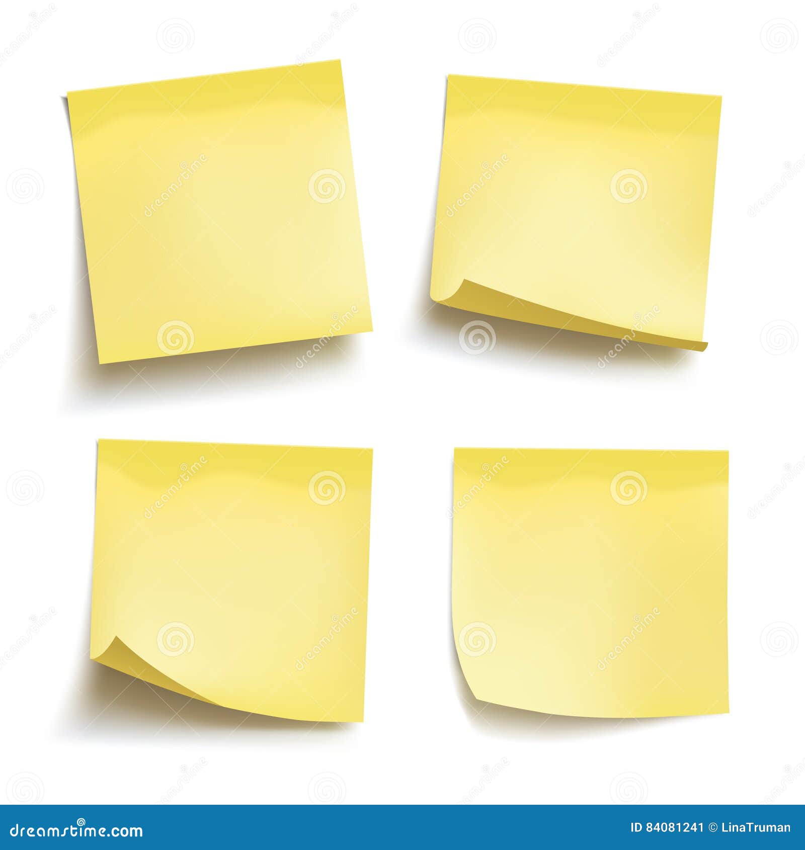 set of yellow sheets of note papers. four sticky notes. 