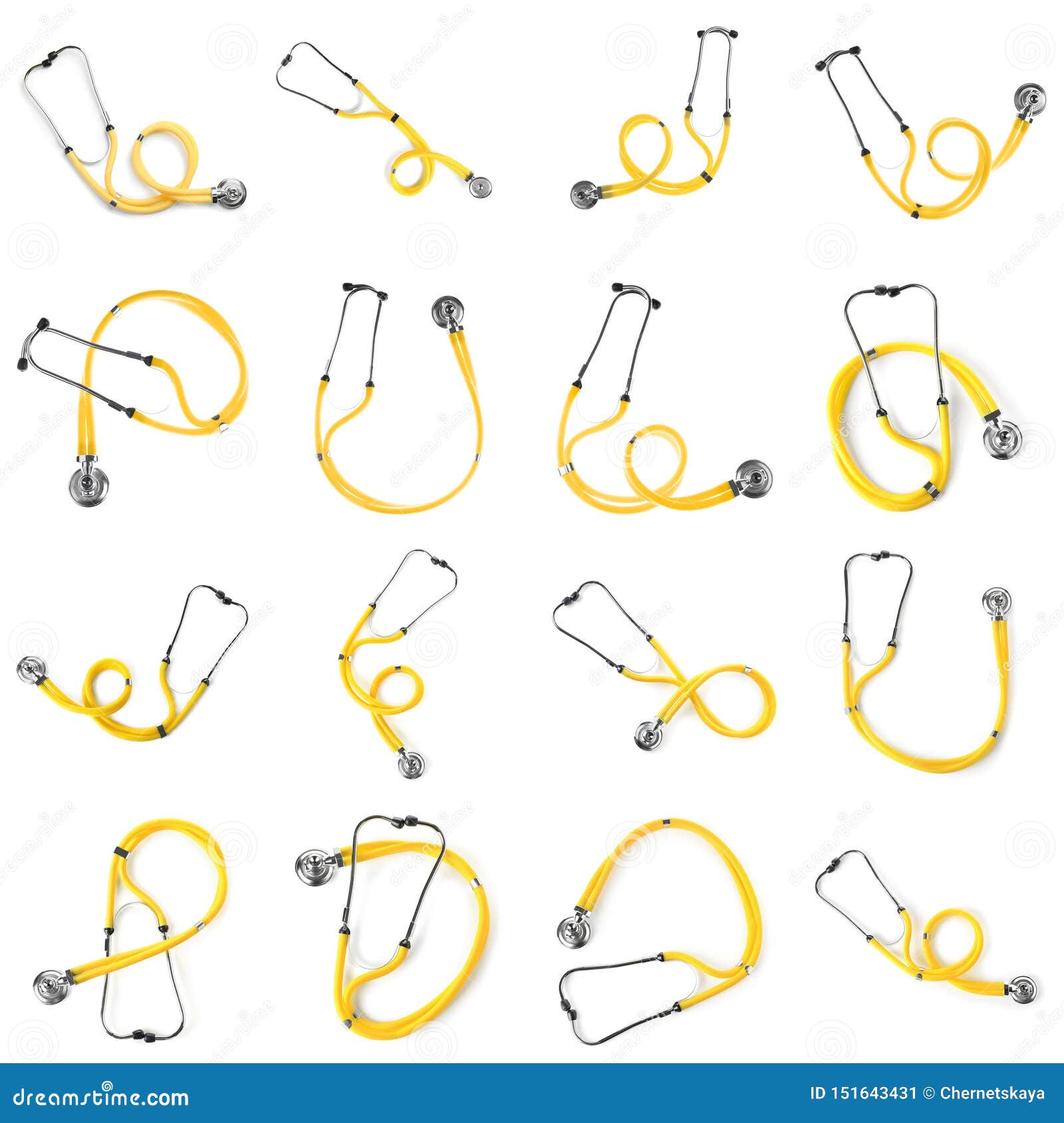 Set of Yellow Stethoscopes on White Background. Medical Device Stock