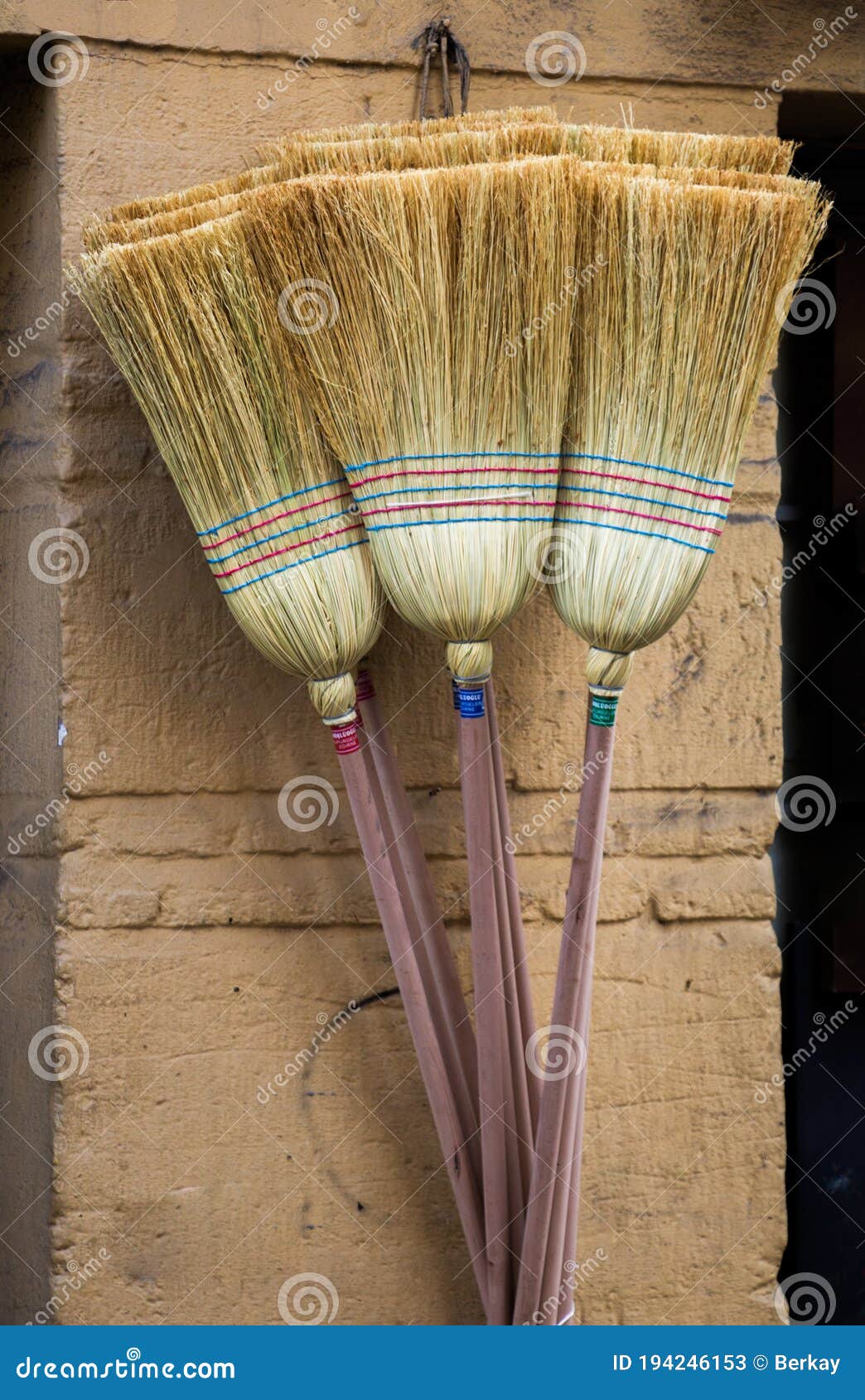 Set of Yellow Straw Broom in Bazaar Editorial Stock Photo Image of