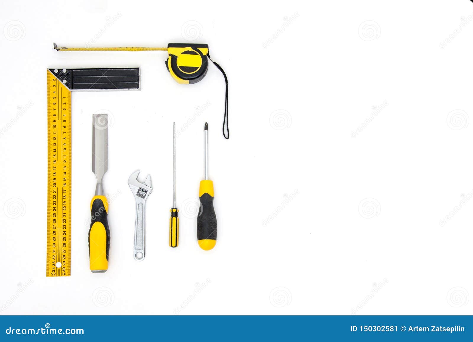 Set of Yellow Tools on White Background Top View. Carpenter Working