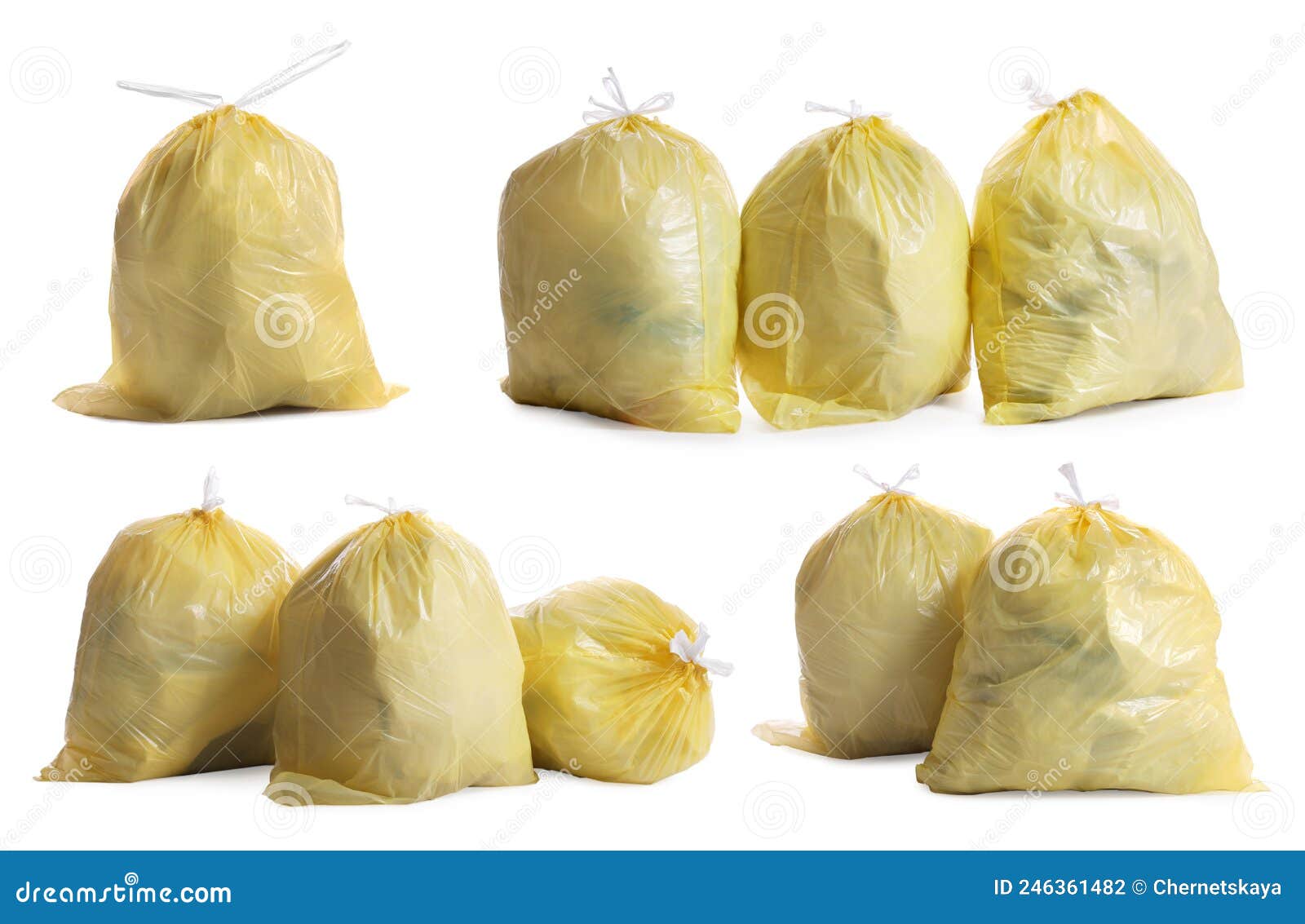 Set with Yellow Trash Bags Full of Garbage on White Background Stock