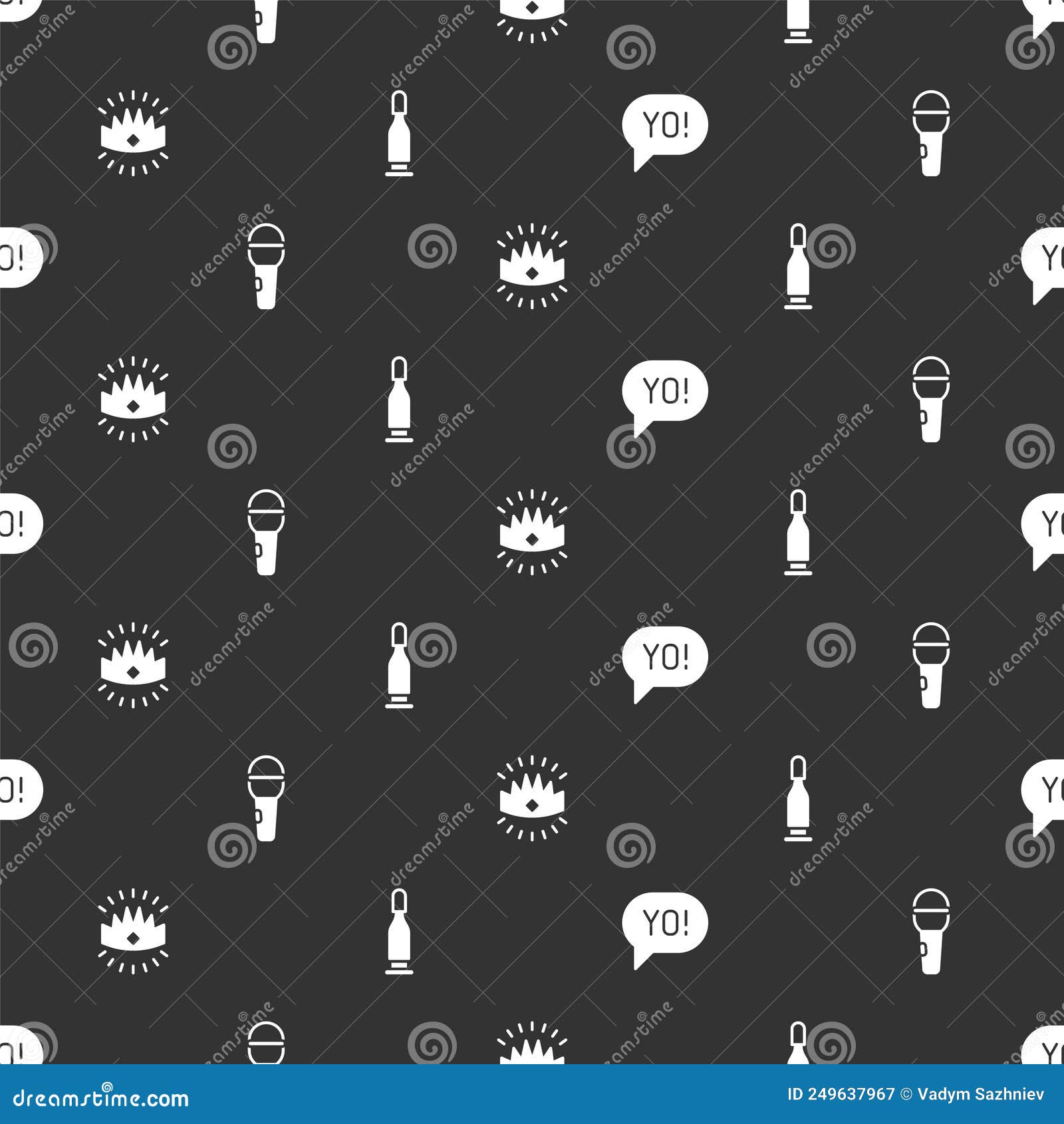 Set Yo Slang Lettering, Microphone, King Crown and Bullet on Seamless