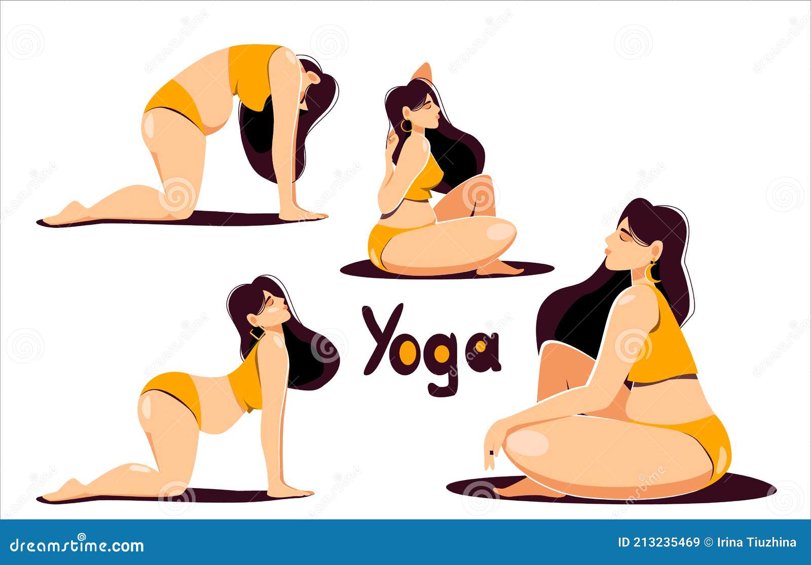 https://thumbs.dreamstime.com/z/set-yoga-poses-attractive-young-plus-size-woman-long-dark-hair-yellow-sports-underwear-cat-cow-face-pose-concept-213235469.jpg