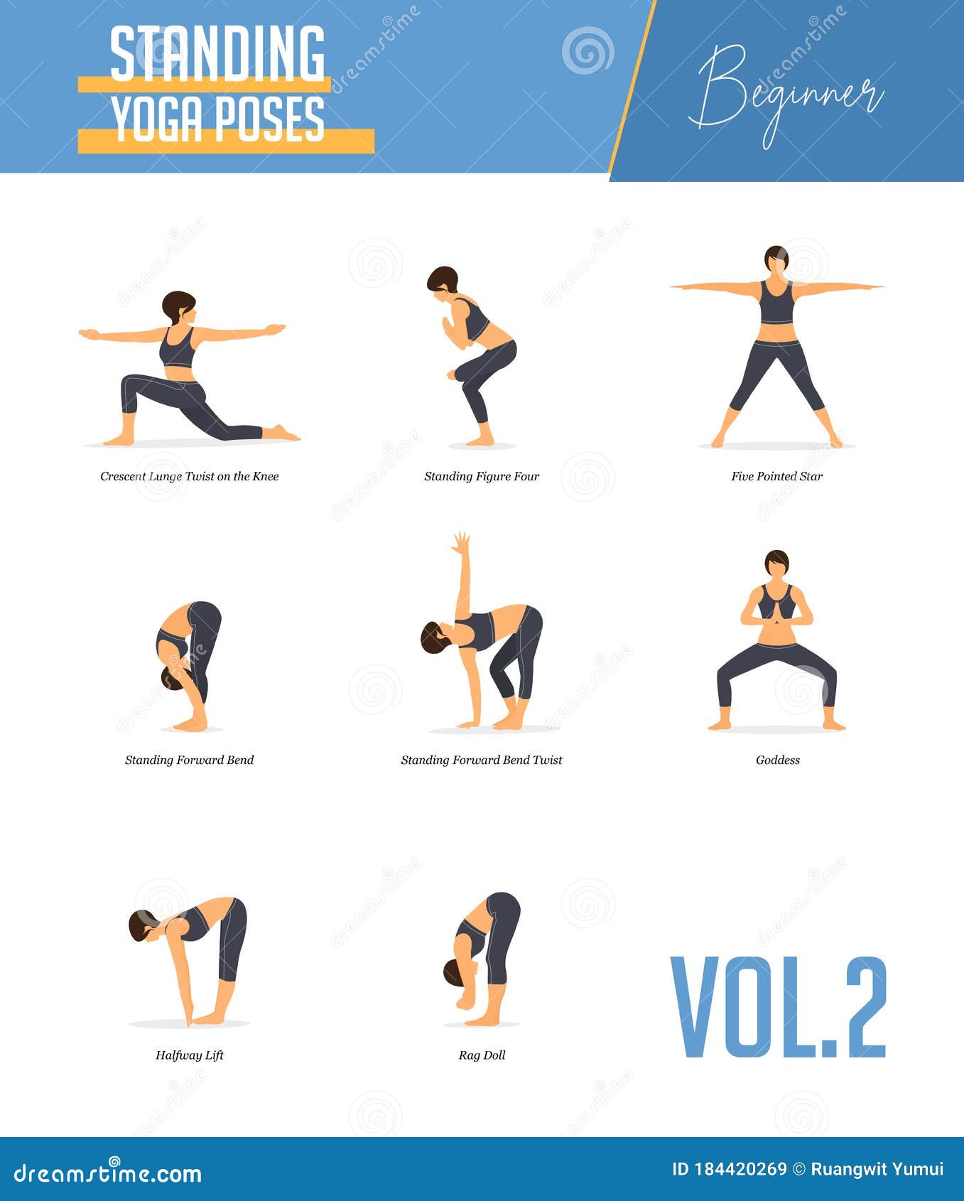 set yoga poses concept balancing standing poses flat design style strong woman exercising body stretching set 184420269