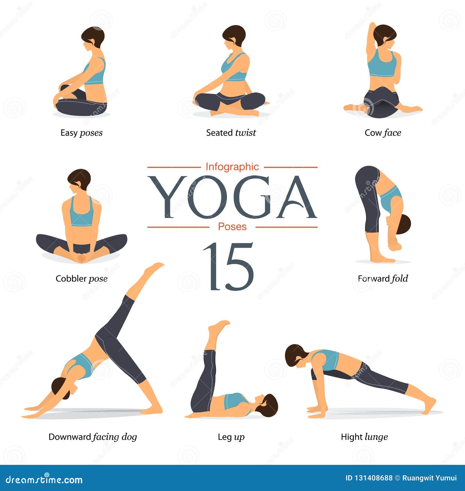 Set of 8 Yoga Poses in Flat Design . Woman Figures Exercise in Blue ...