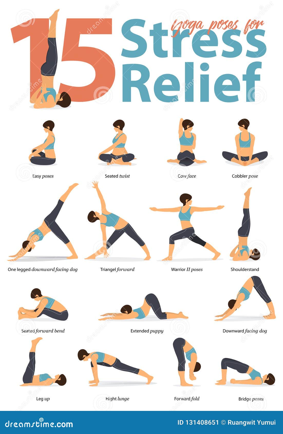set of yoga postures female figures for infographic 15 yoga poses for stress relieve in flat .