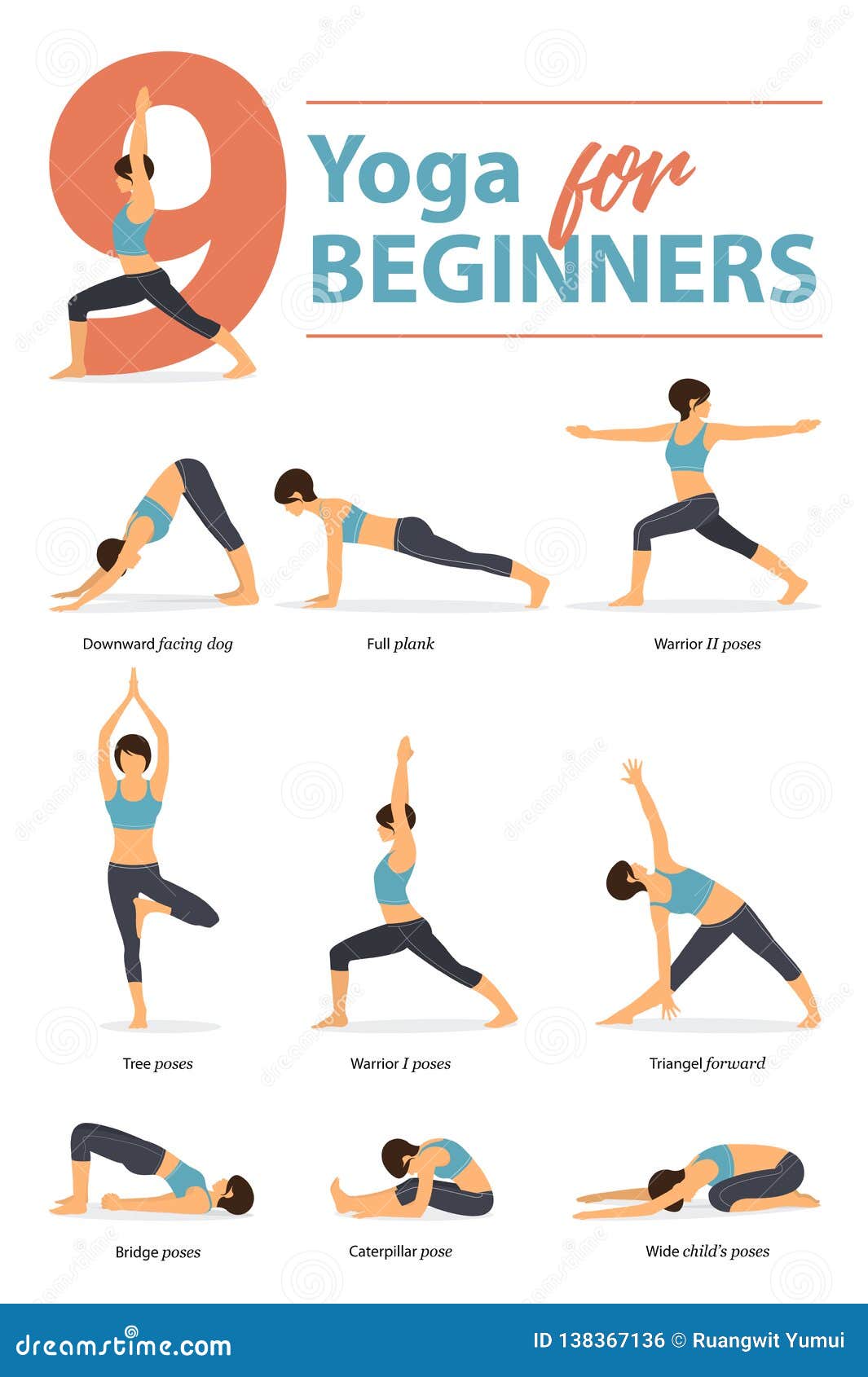 Set of Yoga Postures Female Figures Infographic 9 Yoga Poses for