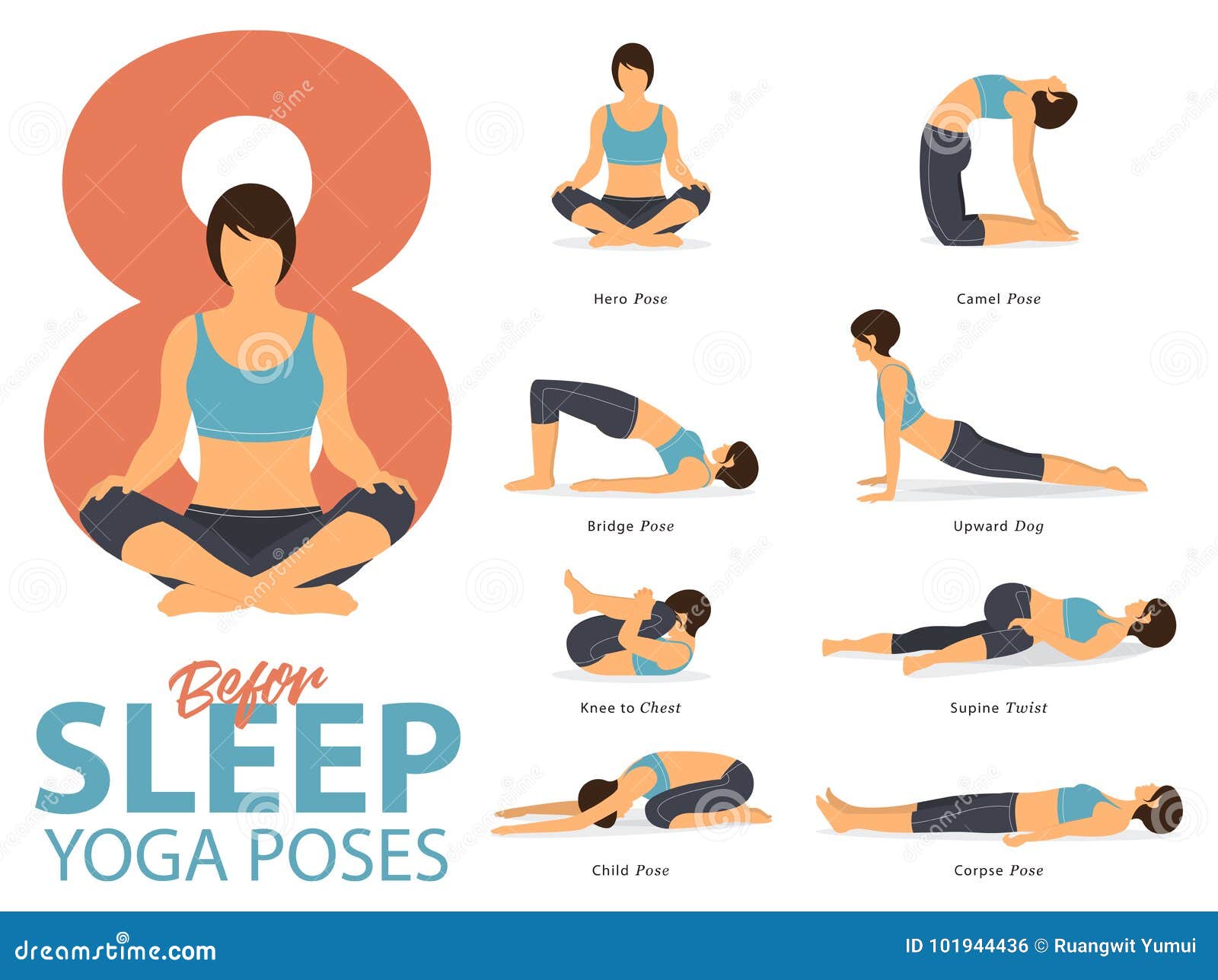 a set of yoga postures female figures for infographic 8 yoga poses for exercise before sleep in flat . .