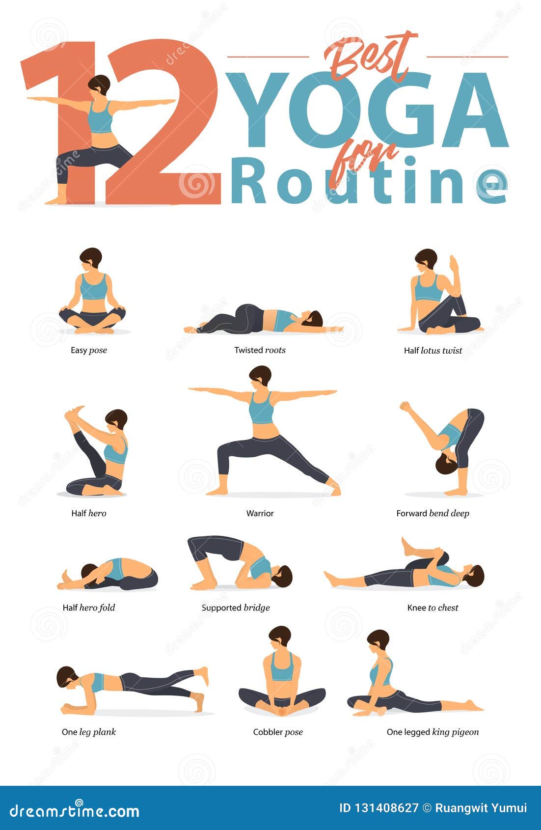 Set of Yoga Postures Female Figures for Infographic 12 Yoga Poses