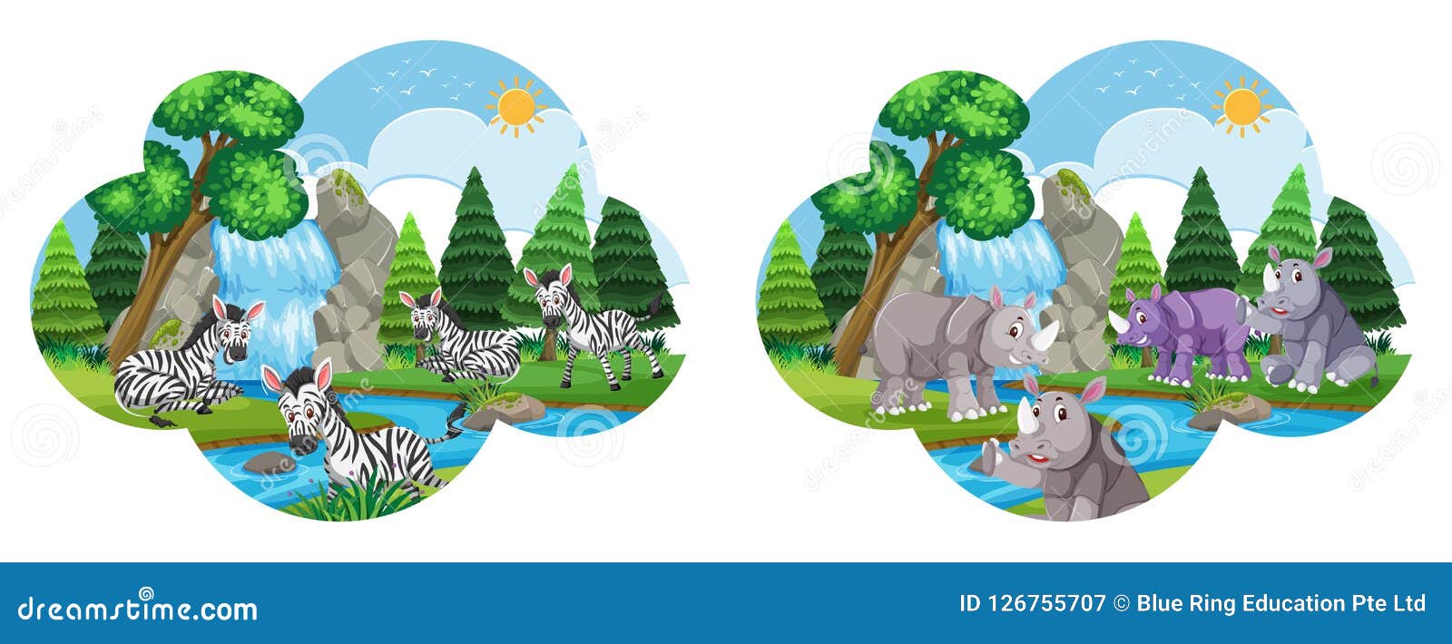 set of zebra and rhinos in enviroment