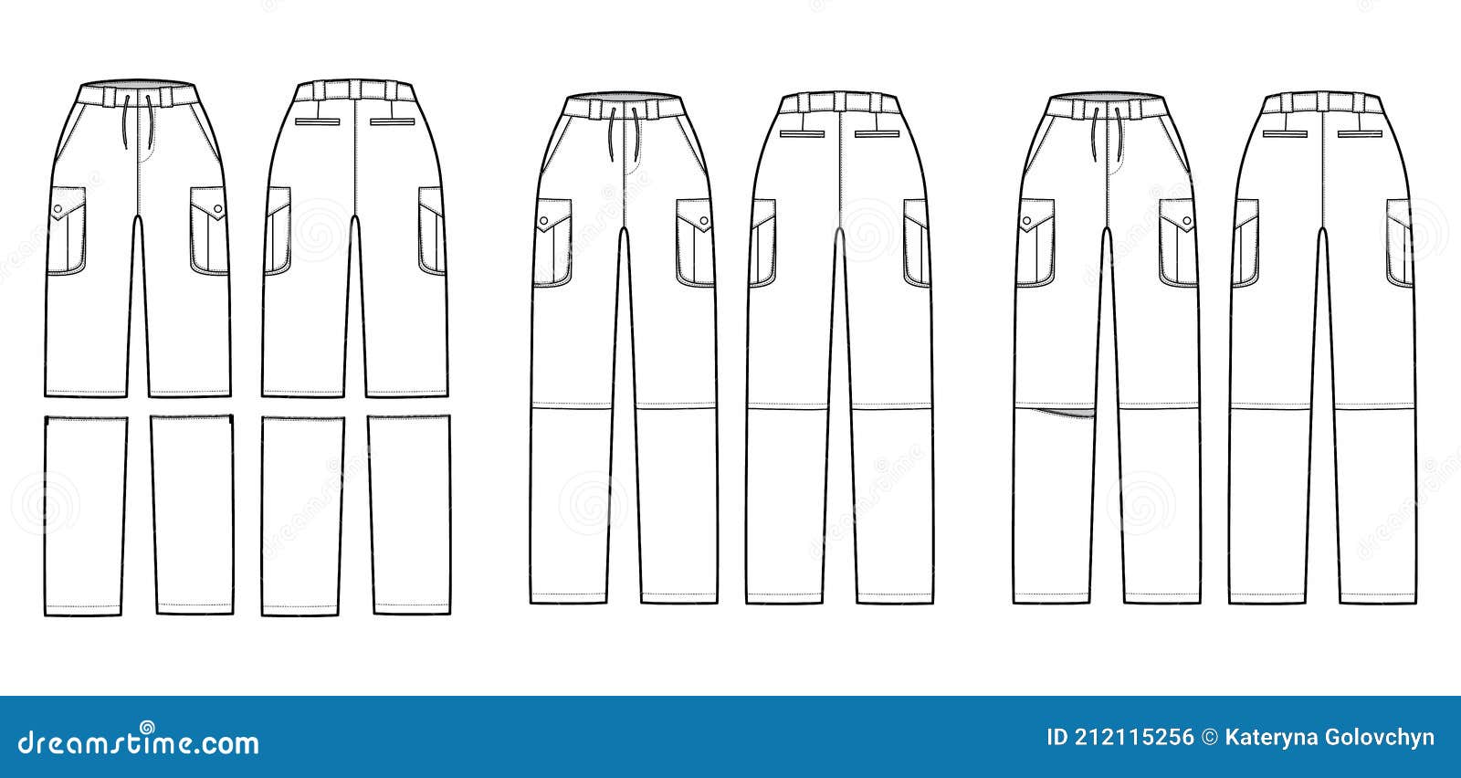 Set of Zip-off Convertible Pants Technical Fashion Illustration with ...