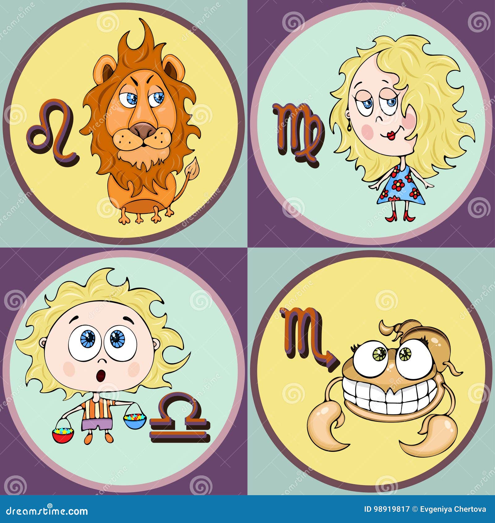 Set Zodiac Sign Cartoon, Leo, Virgo, Libra, Scorpio. Painted Funny Astrological Characters and Symbols in a Round Frame Multicolor Stock Vector - Illustration of mane, icon: 98919817 Set Zodiac Sign Cartoon, Leo, Virgo, Libra, Scorpio. Painted Funny Astrological Characters and Symbols in a Round Frame Multicolor Stock Vector - Illustration of mane, icon: 98919817