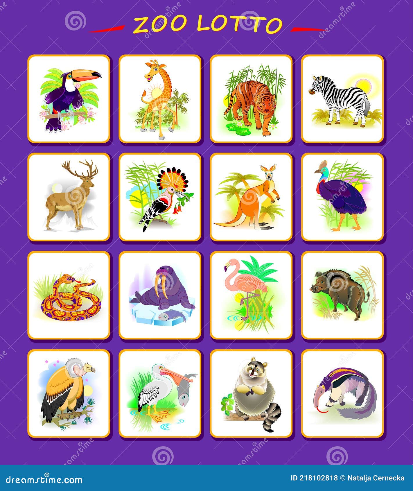 Set of Zoo Animals. Playing Cards for Kids. Zoological Lotto Board Game.  Learn and Remember Animal Names Stock Vector - Illustration of puzzle,  printable: 218102818