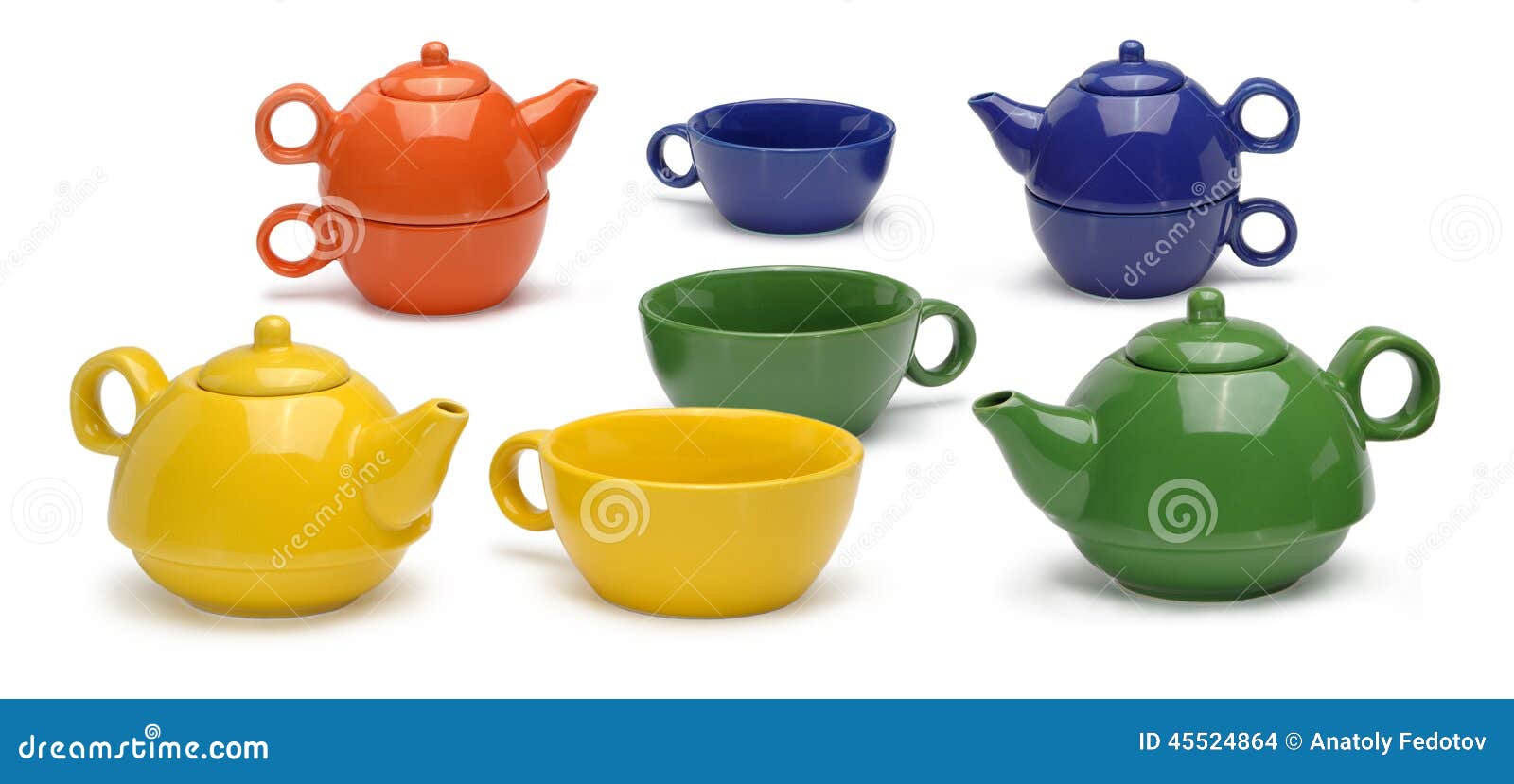 Sets of Colored Ceramic Teapots and Mugs on White Stock Photo Image