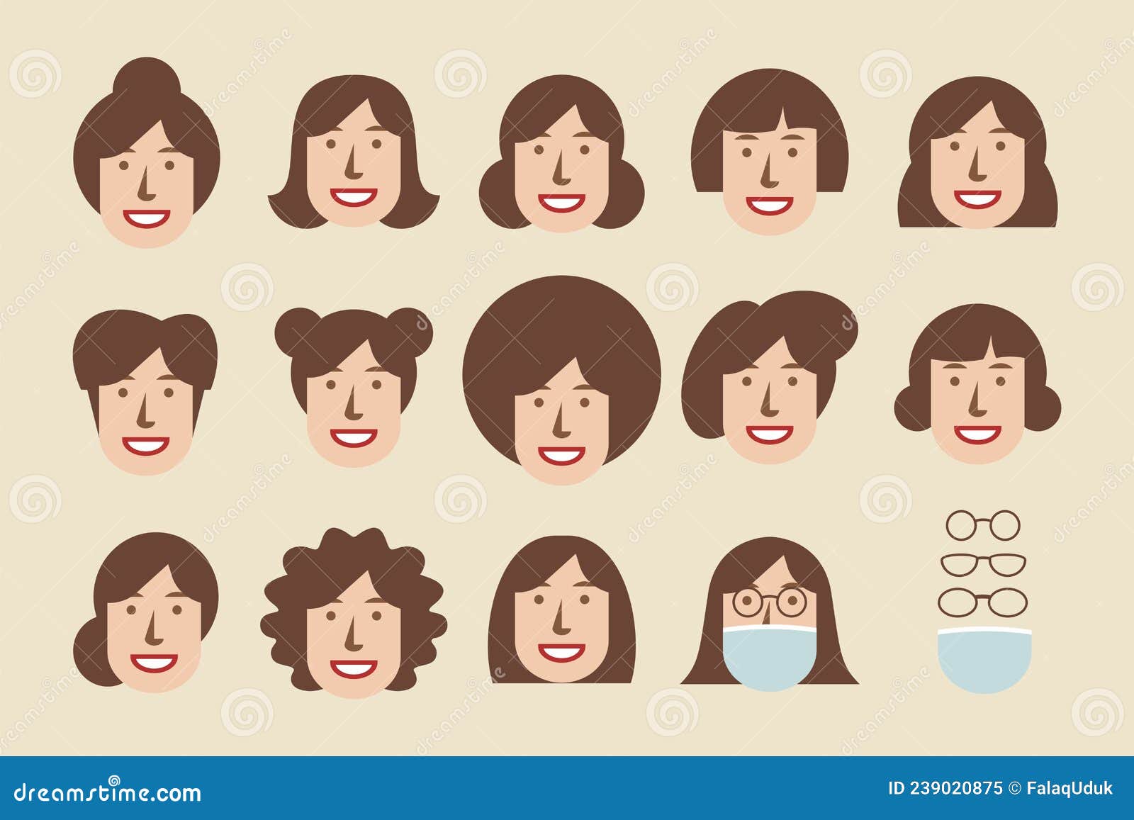 14 Sets of Illustration of Women S Hairstyles + Mask and Glasses Stock