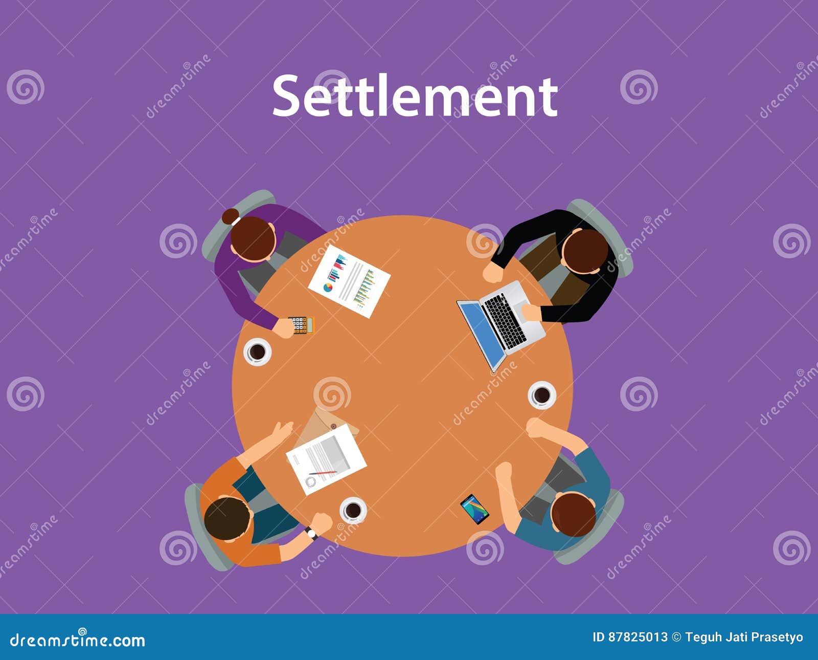 settlement concept discussion  with for people meeting on a table with paperworks on top of the table