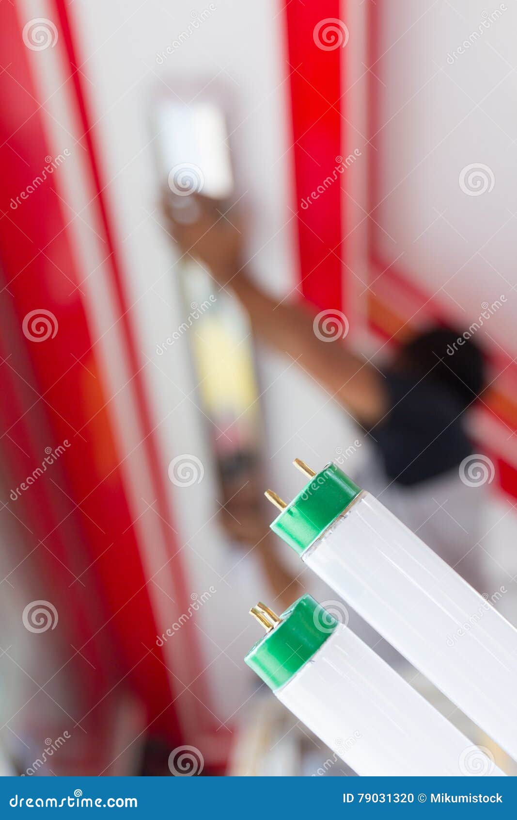 Setup Fluorescent Light Green Power on Ceiling. Stock Photo Image of