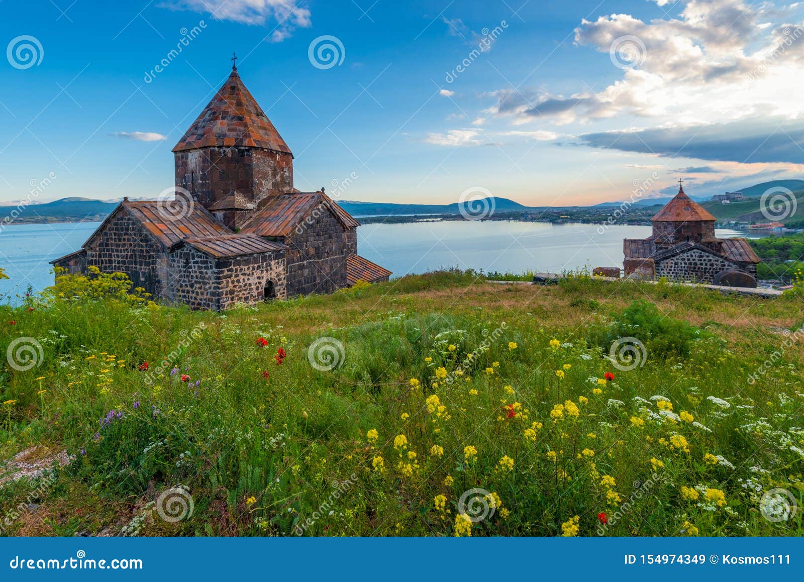 Sevanavank Monastery on Lake Sevan at Sunset Stock Image Image of