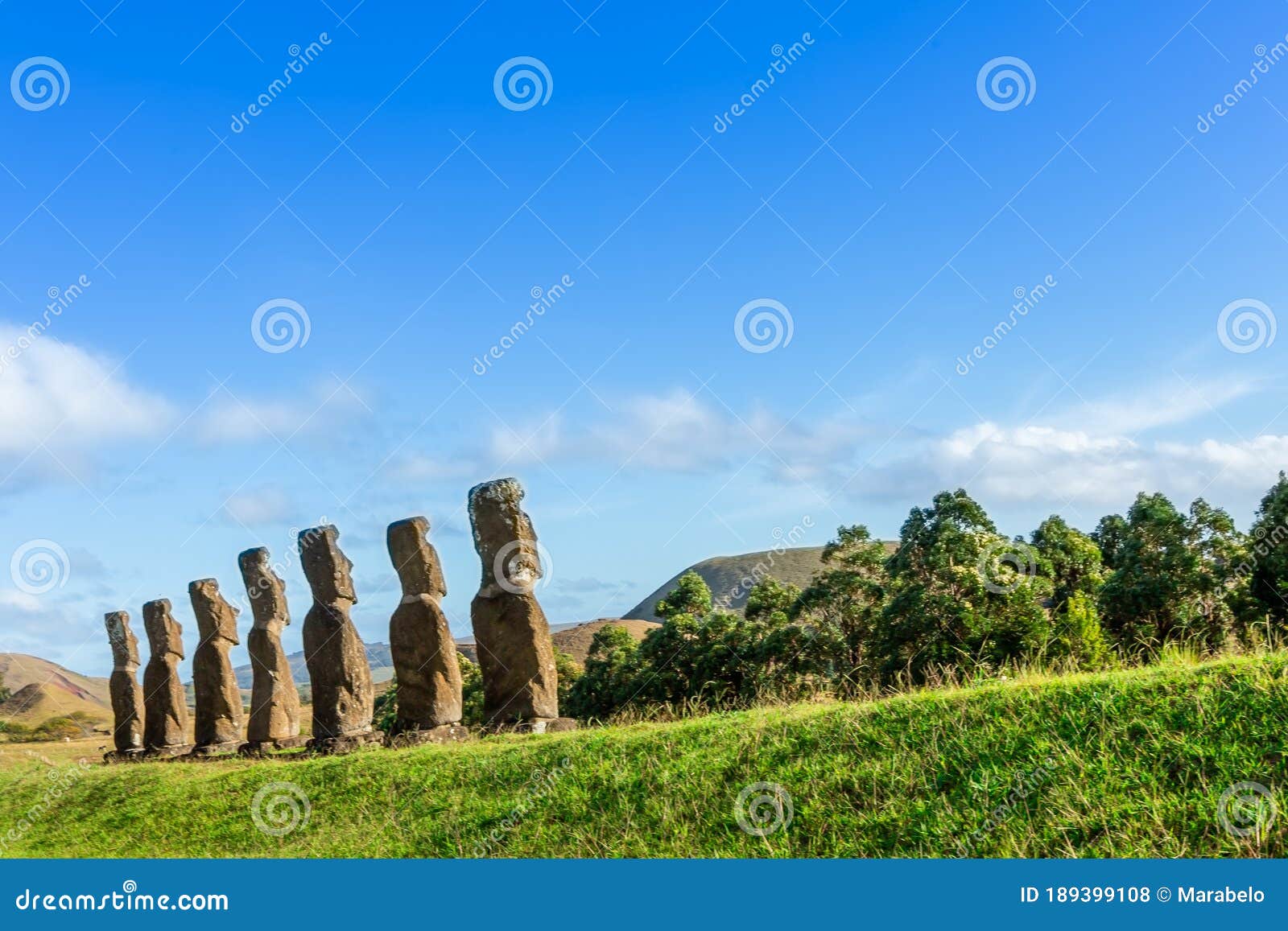 seven ahu akivi moai, which are the only moai to face the sea. easter island