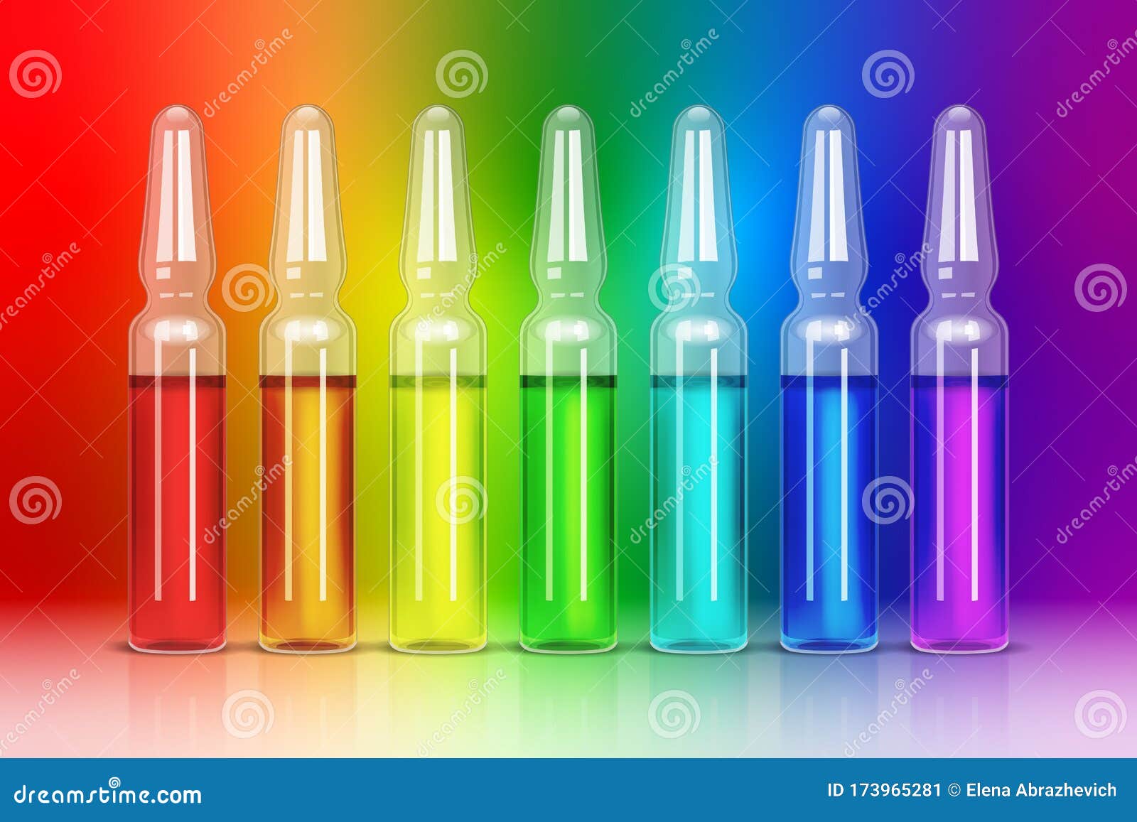 Seven Ampoules with Colored Solutions Inside Stock Illustration
