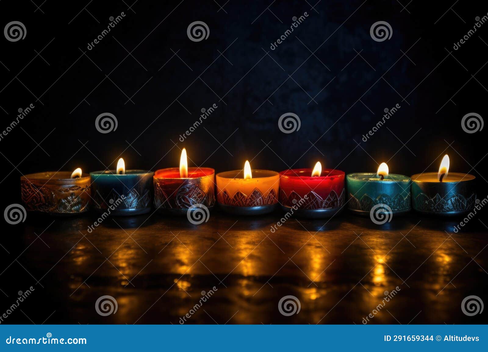 Seven Brightly Burning Candles in a Kinara Against a Dark Backdrop