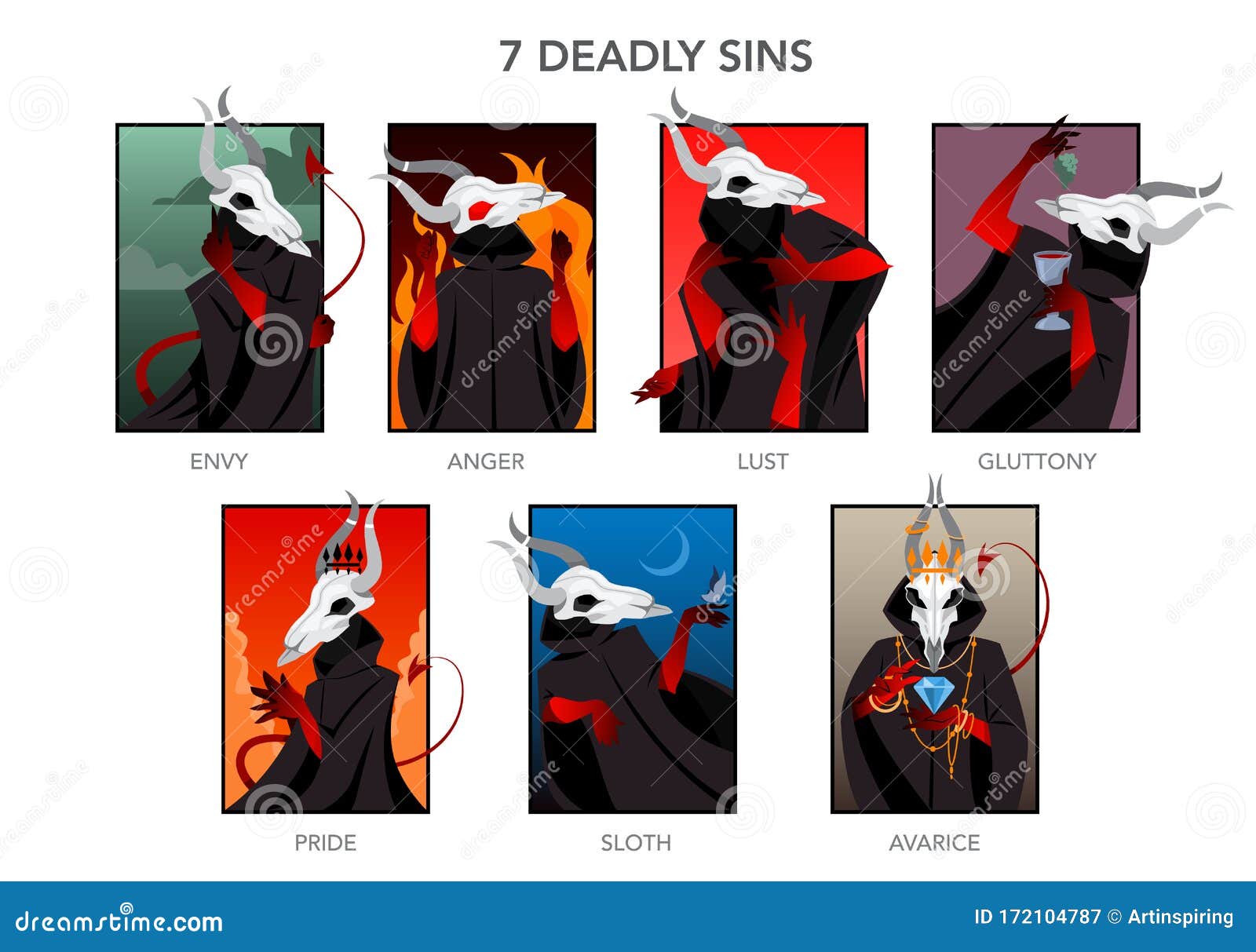 Seven Deadly Sins Set. Christian Bible Character Stock Vector