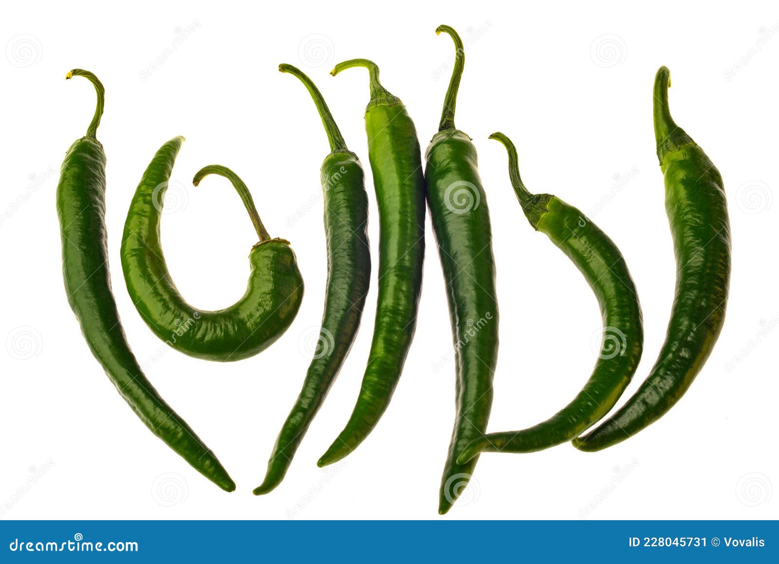 Seven Green Chili Pepper Isolated on White Background Stock Image