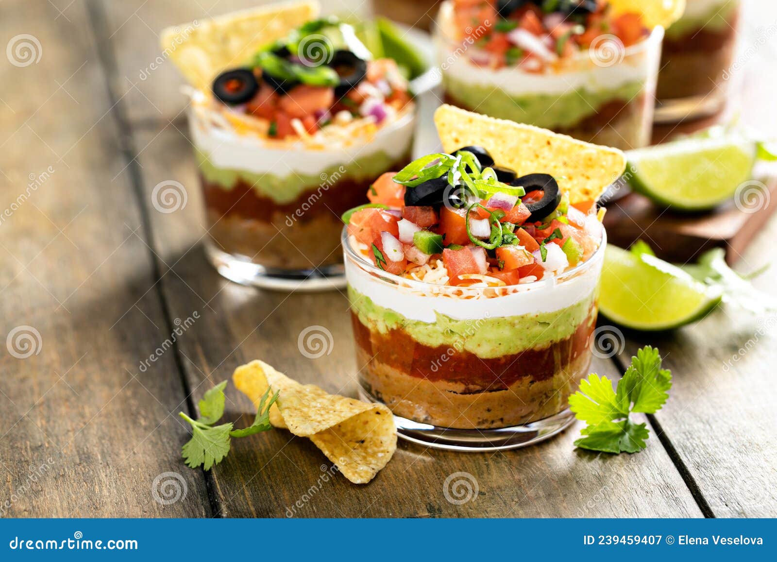 Seven Layer Dip in Individual Cups, Mexican Appetizer Stock Image