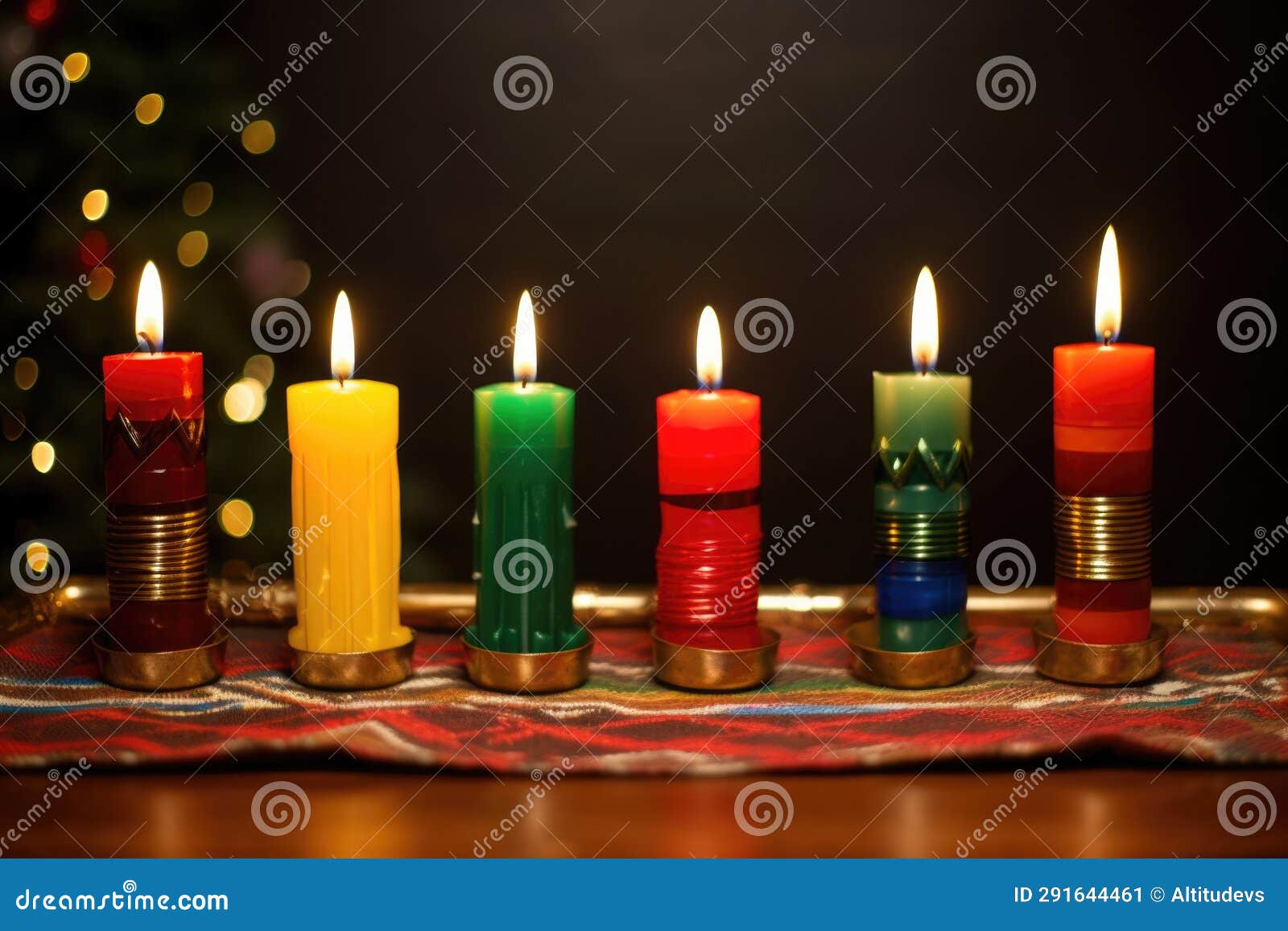 Seven Lit Front View Kwanzaa Candles Stock Image Image of tradition