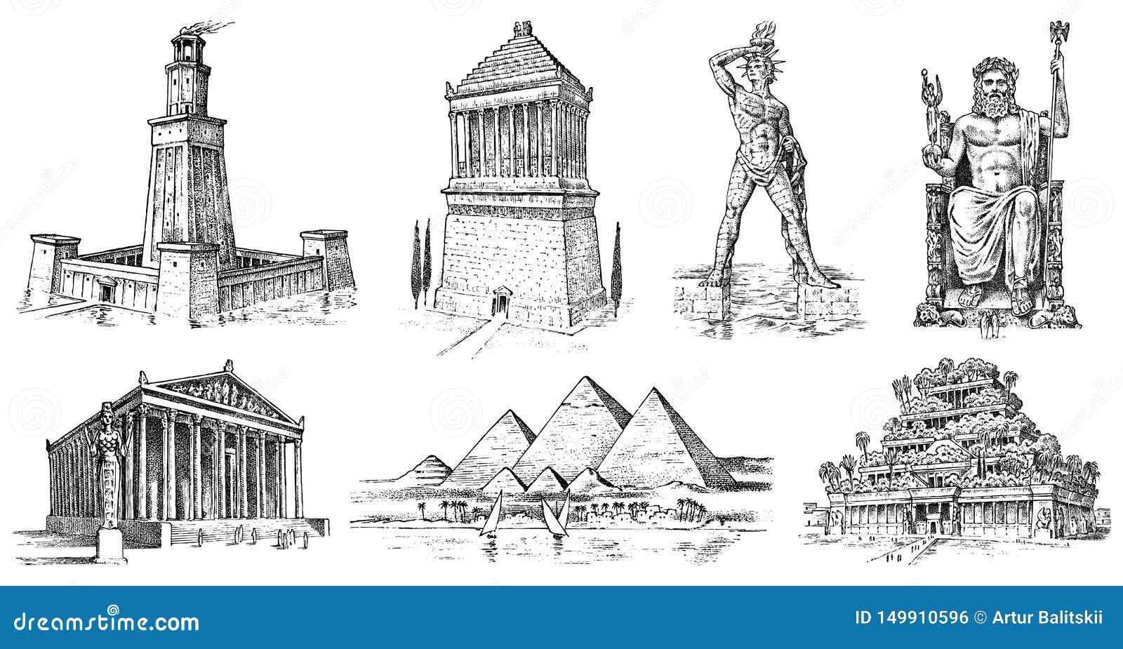 seven wonders of the ancient world. pyramid of giza, hanging gardens of babylon, temple of artemis at ephesus, zeus at