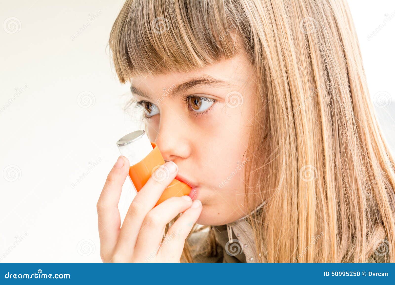 seven year old girl breathing asthmatic medicine healthcare inhaler