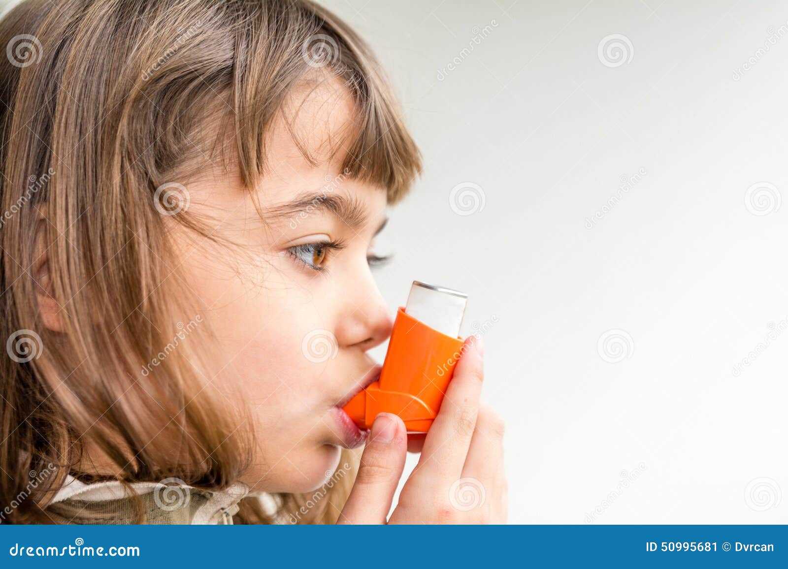 seven year old girl breathing asthmatic medicine healthcare inhaler