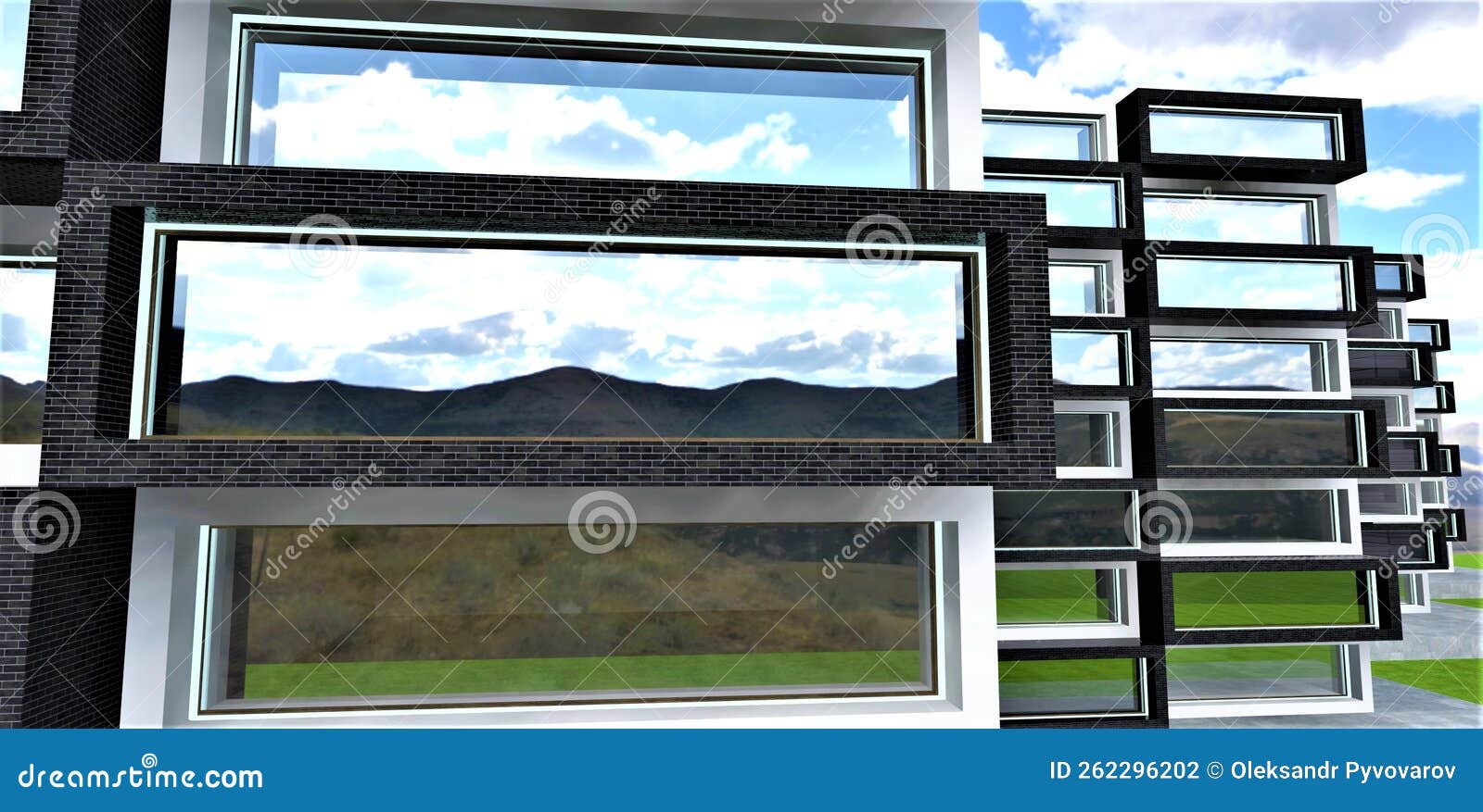 several apartment buildings standing one behind other. cloudy blue sky. ecologicaly clean region. 3d rendering