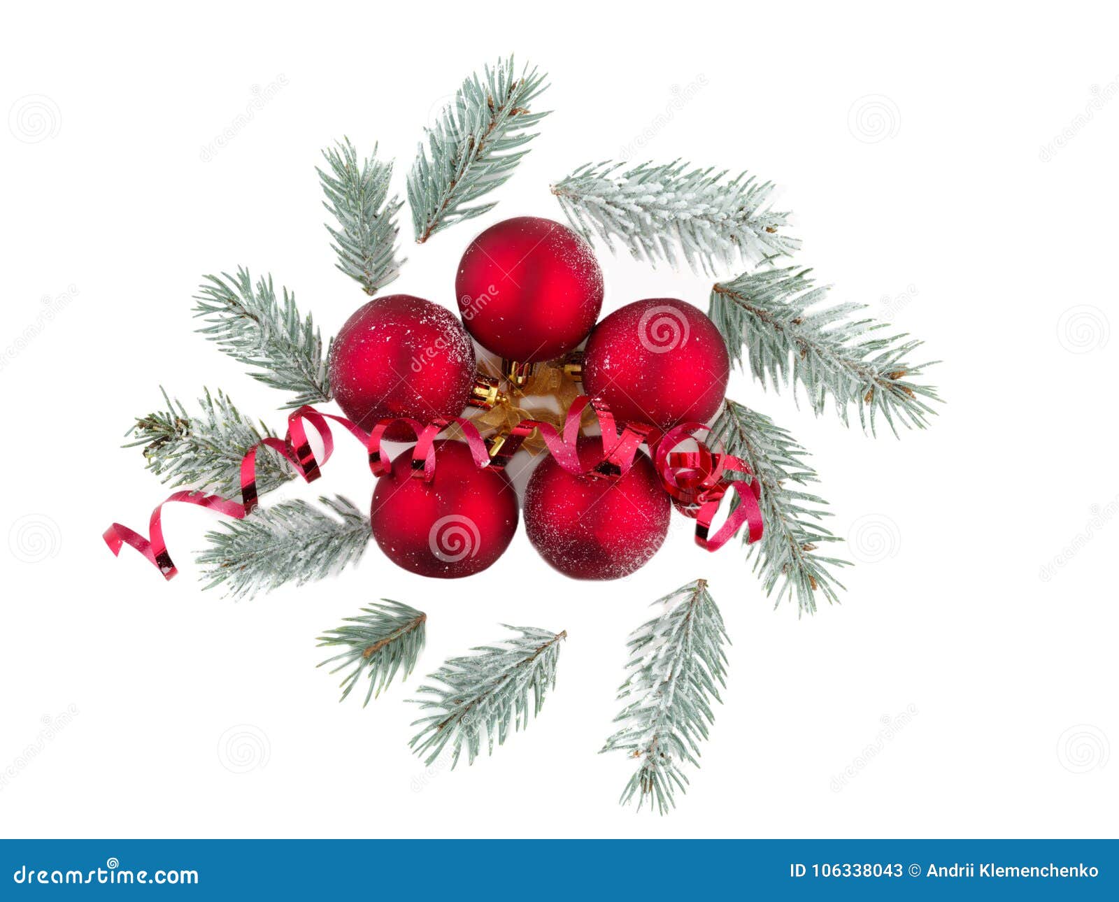 Several beautiful festive Christmas balls and small twigs of a Christmas tree Isolated on white background