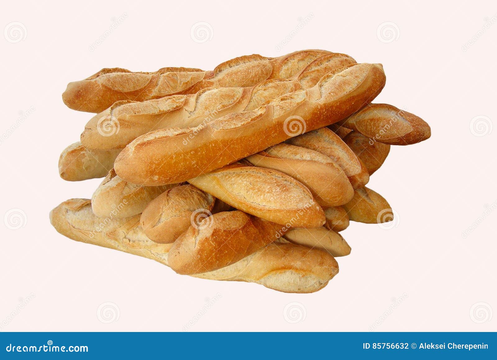 Several Freshly Baked Baguettes Composed by a Stack, Isolated Object