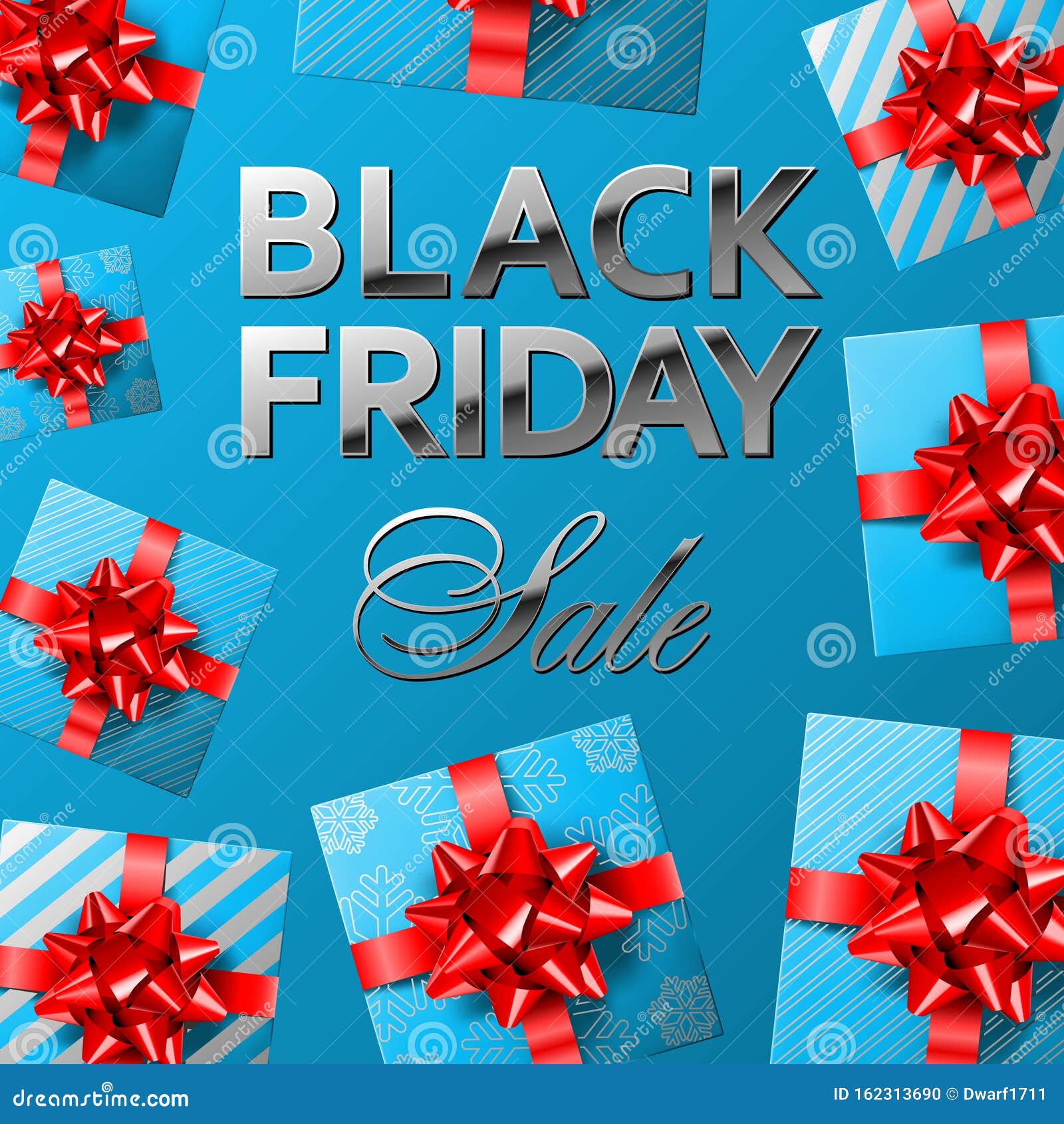 Several gifts covered with silver and sky blue paper with shiny red bows. Black friday sale vector square composition for social network post or banner. Shiny silver lettering on sky blue bakground.
