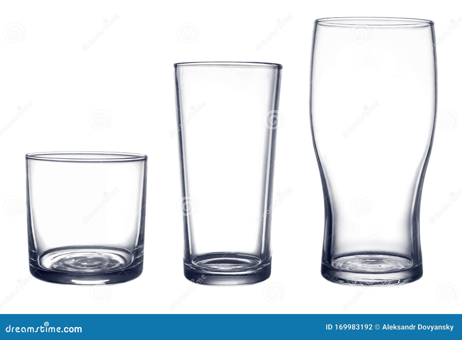 Several Glasses For Drinks Of Different Shapes And Sizes Isolated On A