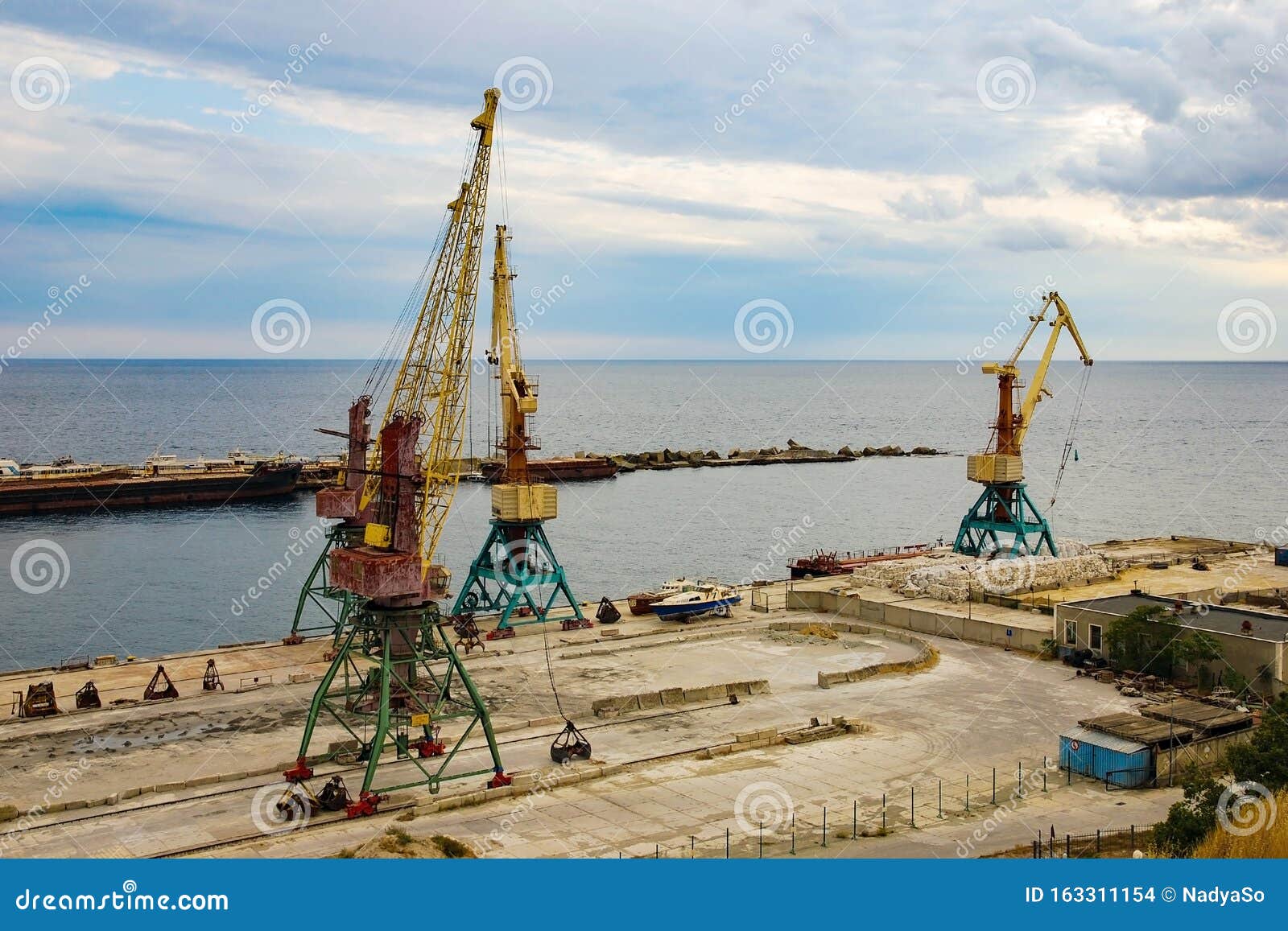 loading cranes in seaport, aerial view