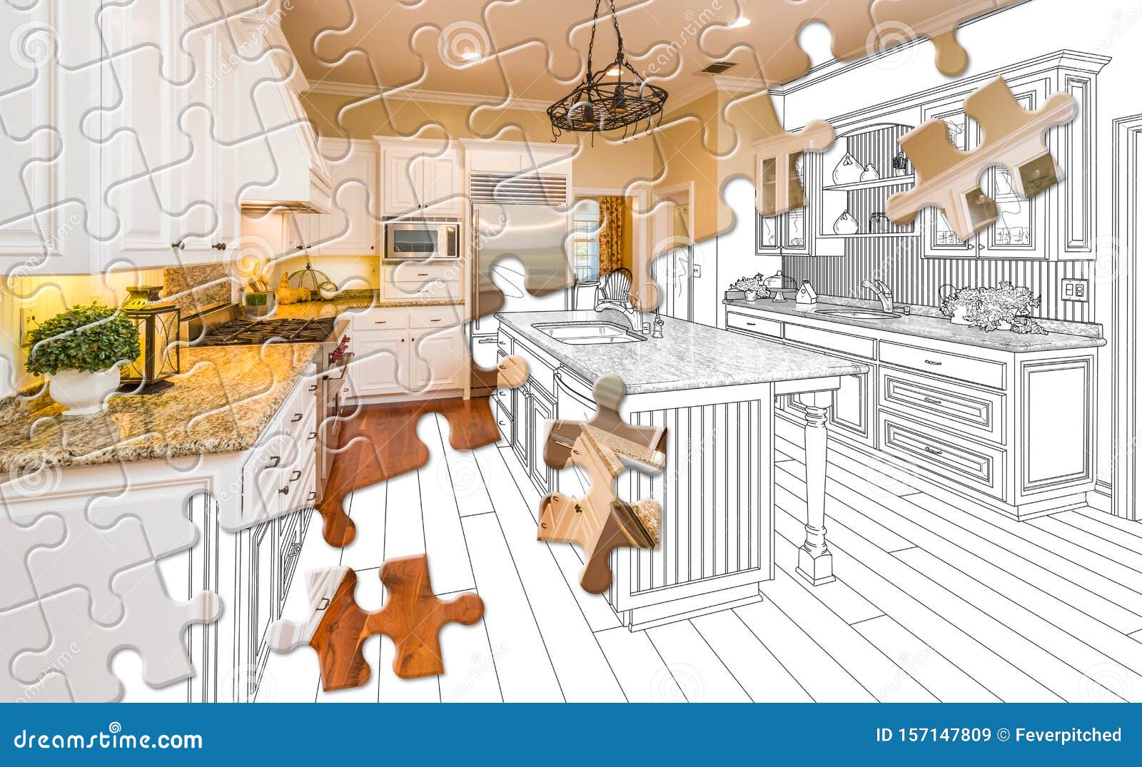 puzzle pieces fitting together revealing finished kitchen build over drawing