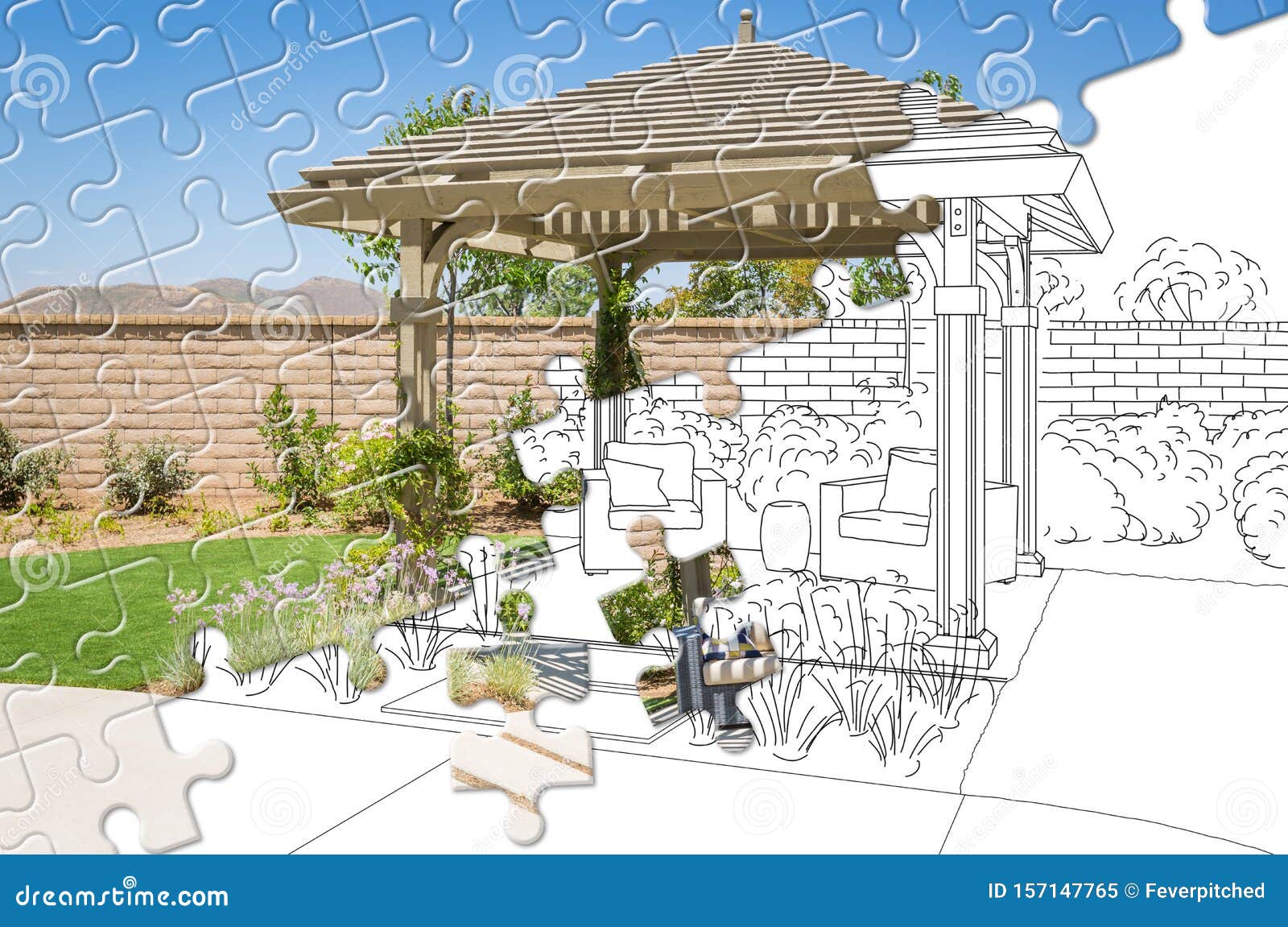 puzzle pieces fitting together revealing finished pergola gazebo build over drawing