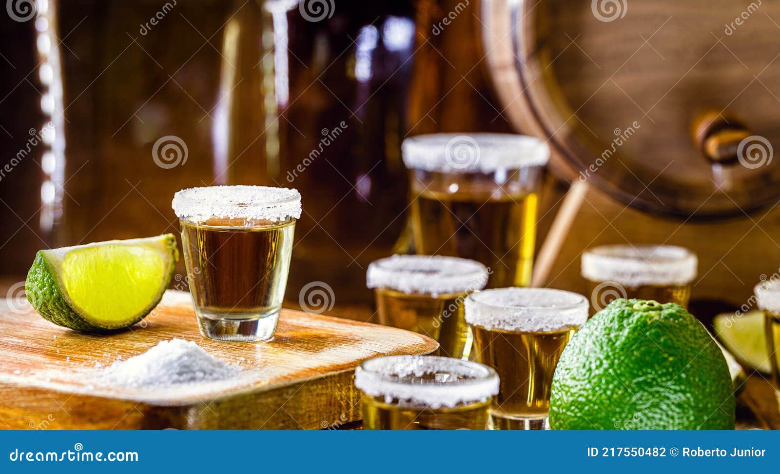 Several Tequila Glasses, the Most Consumed Drink in Mexico Stock Photo